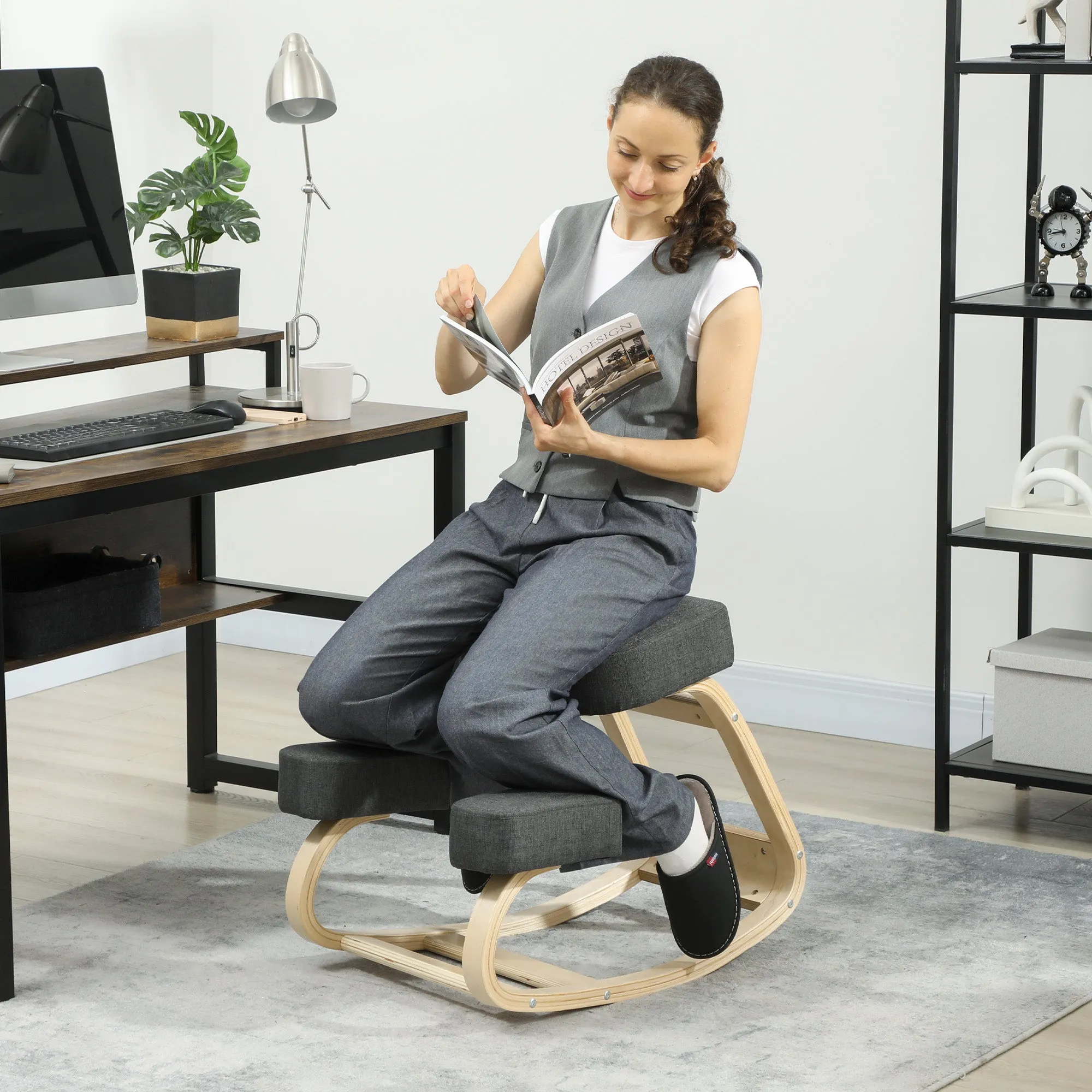 Ergonomic Kneeling Chair in Birch Wood and Cushion, 51x69x58 cm, Grey - Image 2