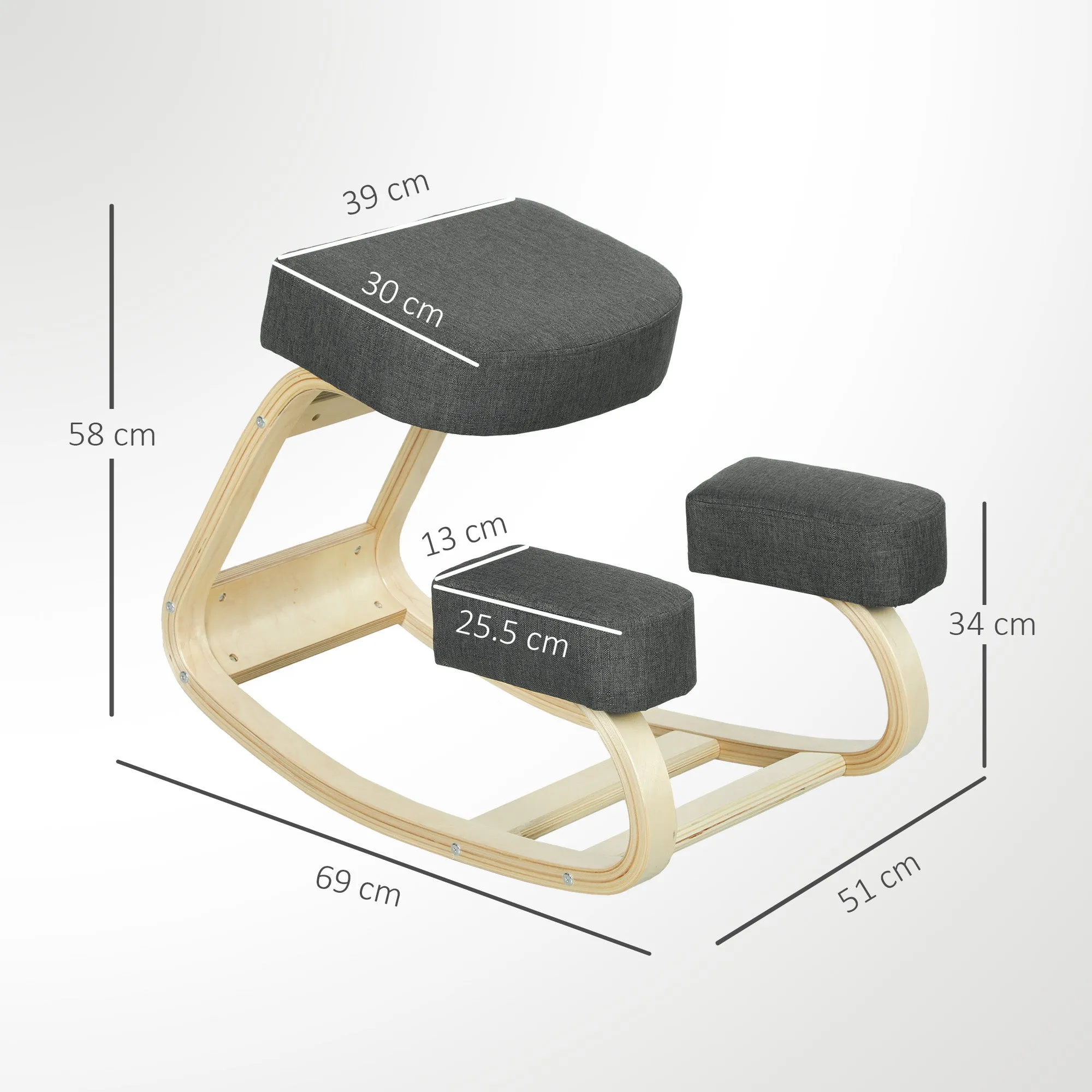 Ergonomic Kneeling Chair in Birch Wood and Cushion, 51x69x58 cm, Grey - Image 3