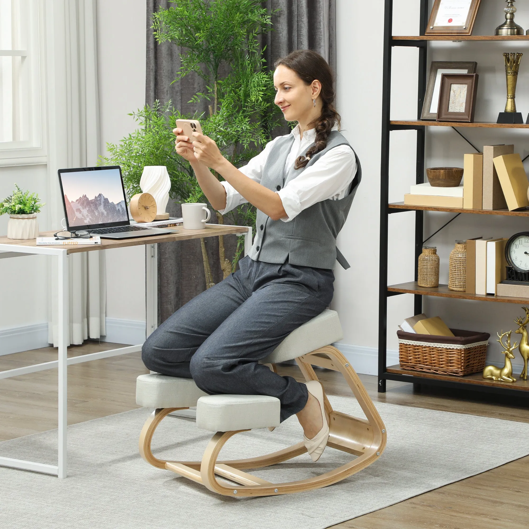 Ergonomic Chair with Birch Wood Kneeler and Cushion, 51x69x58 cm, Cream - Image 2