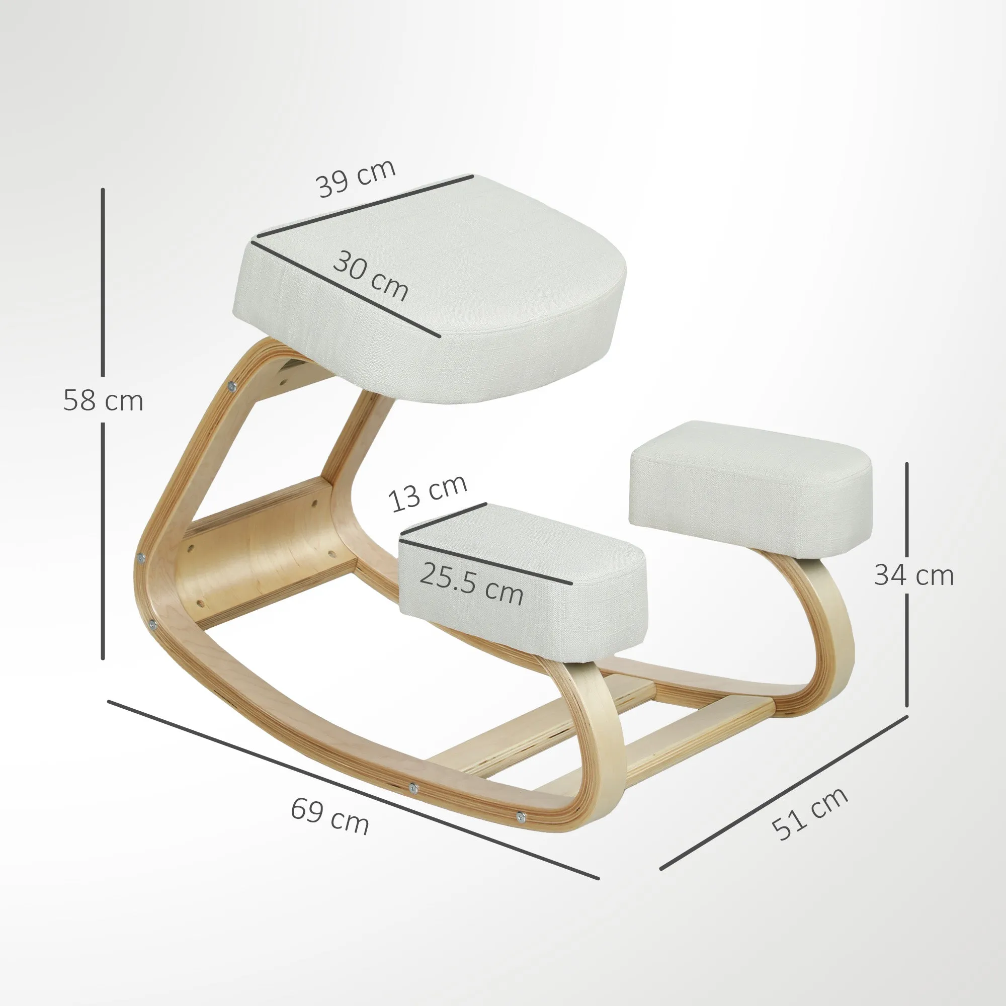 Ergonomic Chair with Birch Wood Kneeler and Cushion, 51x69x58 cm, Cream - Image 3