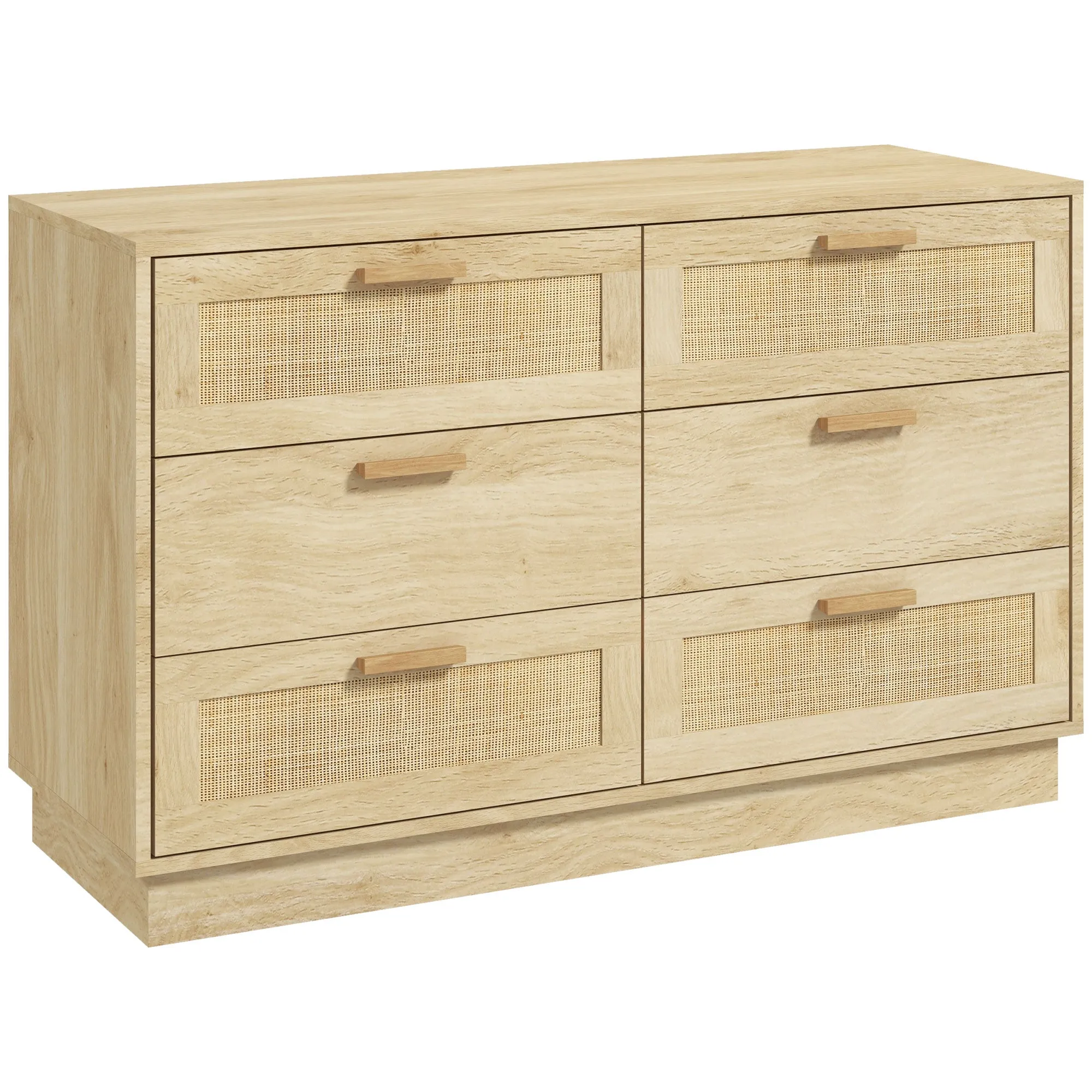 6-Drawer Chest of Drawers, Boho Style, for Bedroom and Entrance, Made of Wood and Rattan, 110x40x69 cm, Oak