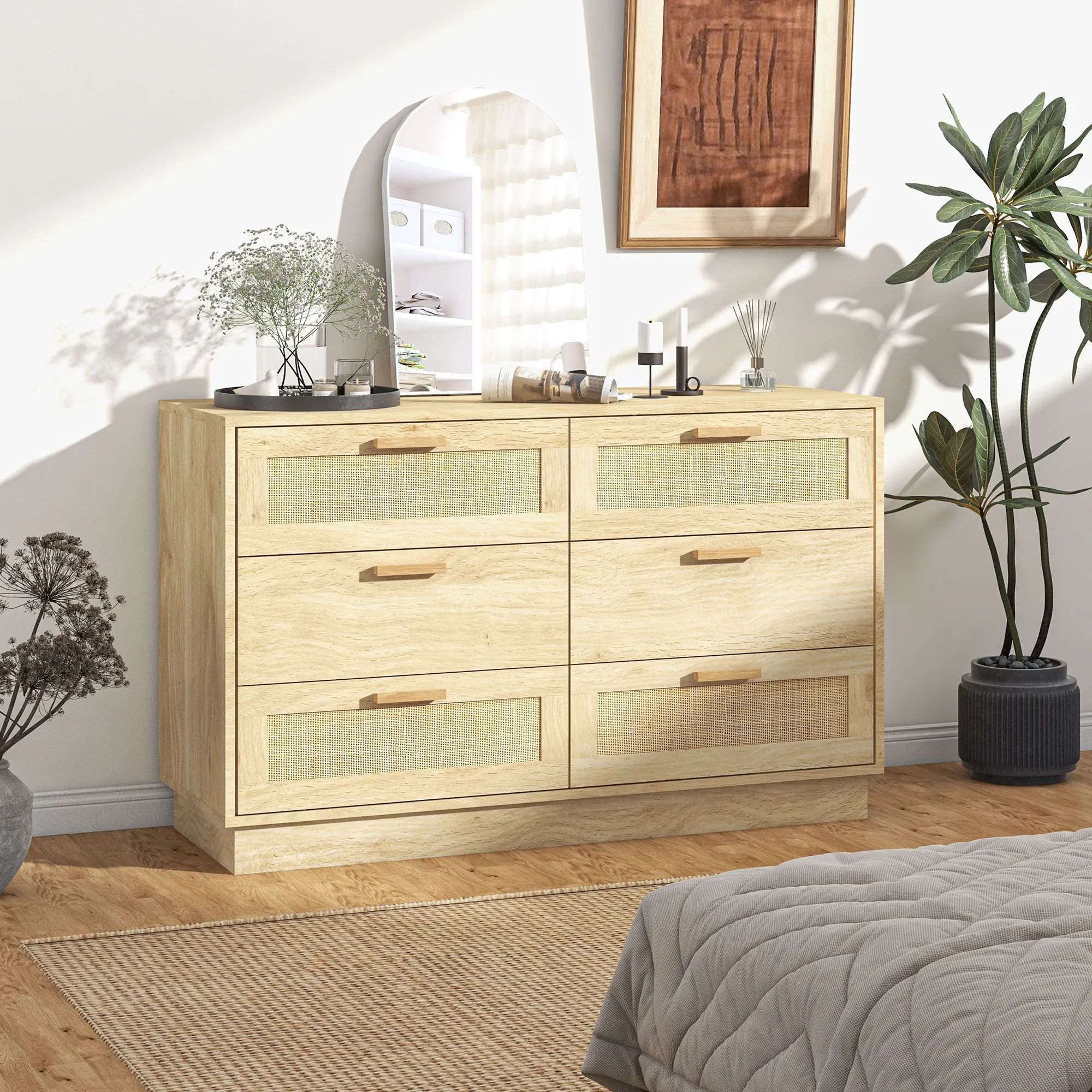 6-Drawer Chest of Drawers, Boho Style, for Bedroom and Entrance, Made of Wood and Rattan, 110x40x69 cm, Oak - Image 2