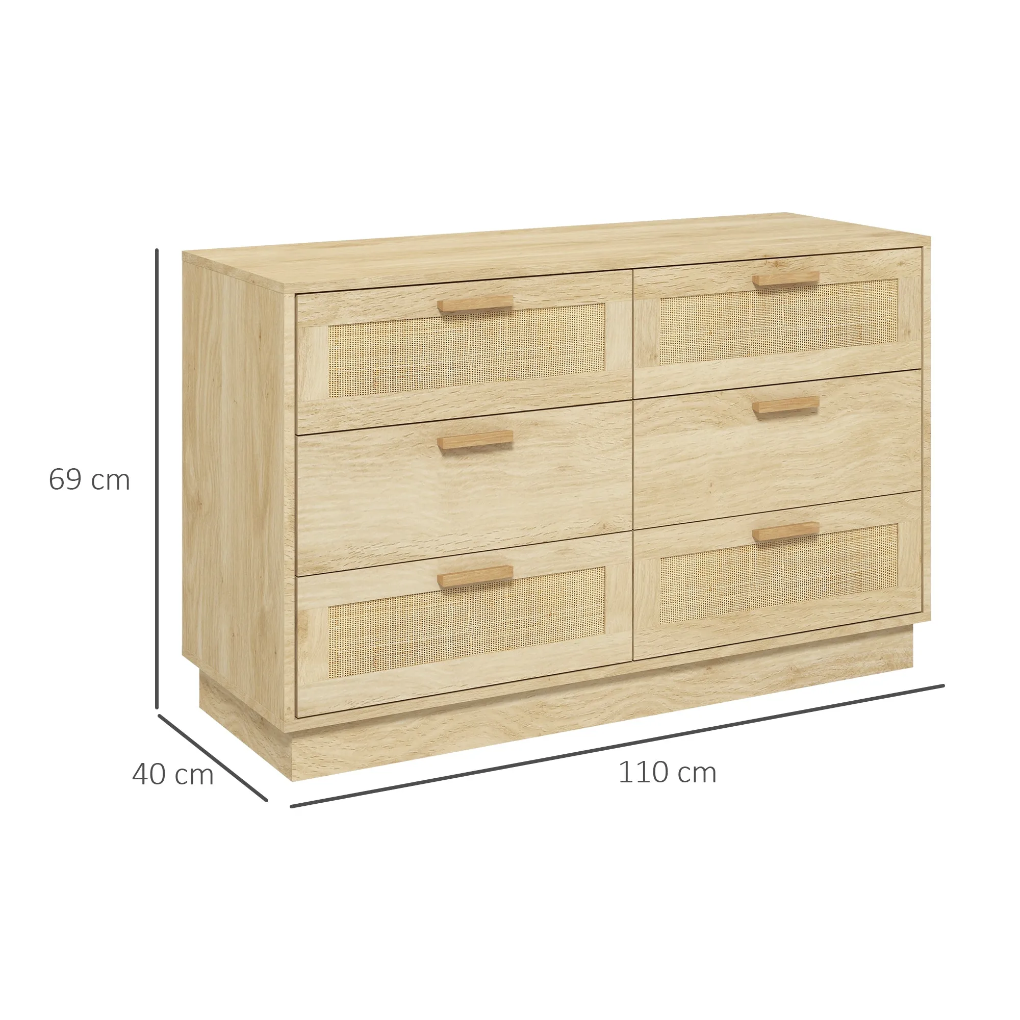 6-Drawer Chest of Drawers, Boho Style, for Bedroom and Entrance, Made of Wood and Rattan, 110x40x69 cm, Oak - Image 3