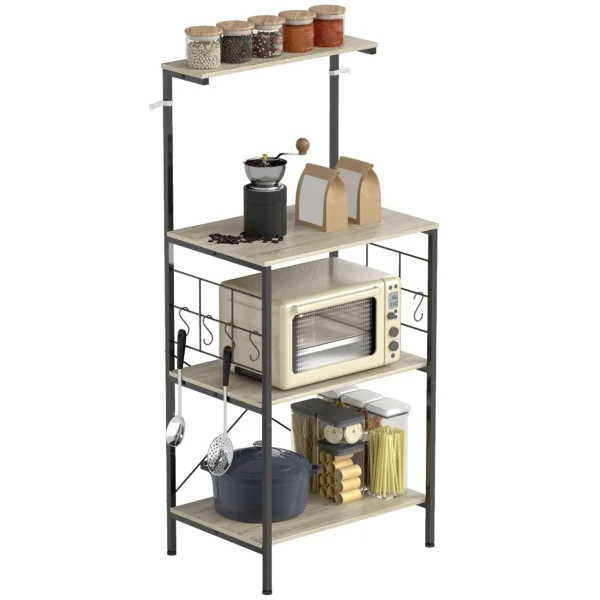 4-Tier Kitchen Shelf with Mesh Panels and 8 Hooks, Industrial Style, 60x42x134.5 cm, Oak