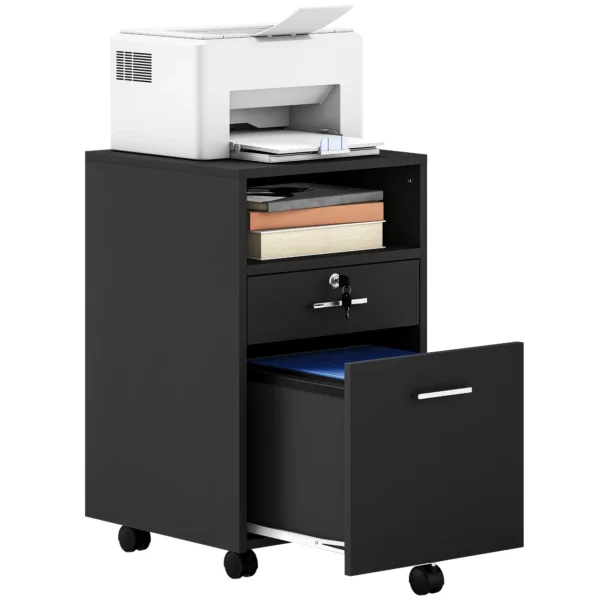 Wooden Office Drawer Cabinet with 2 Drawers and Open Shelf, 39x40x65 cm, Black