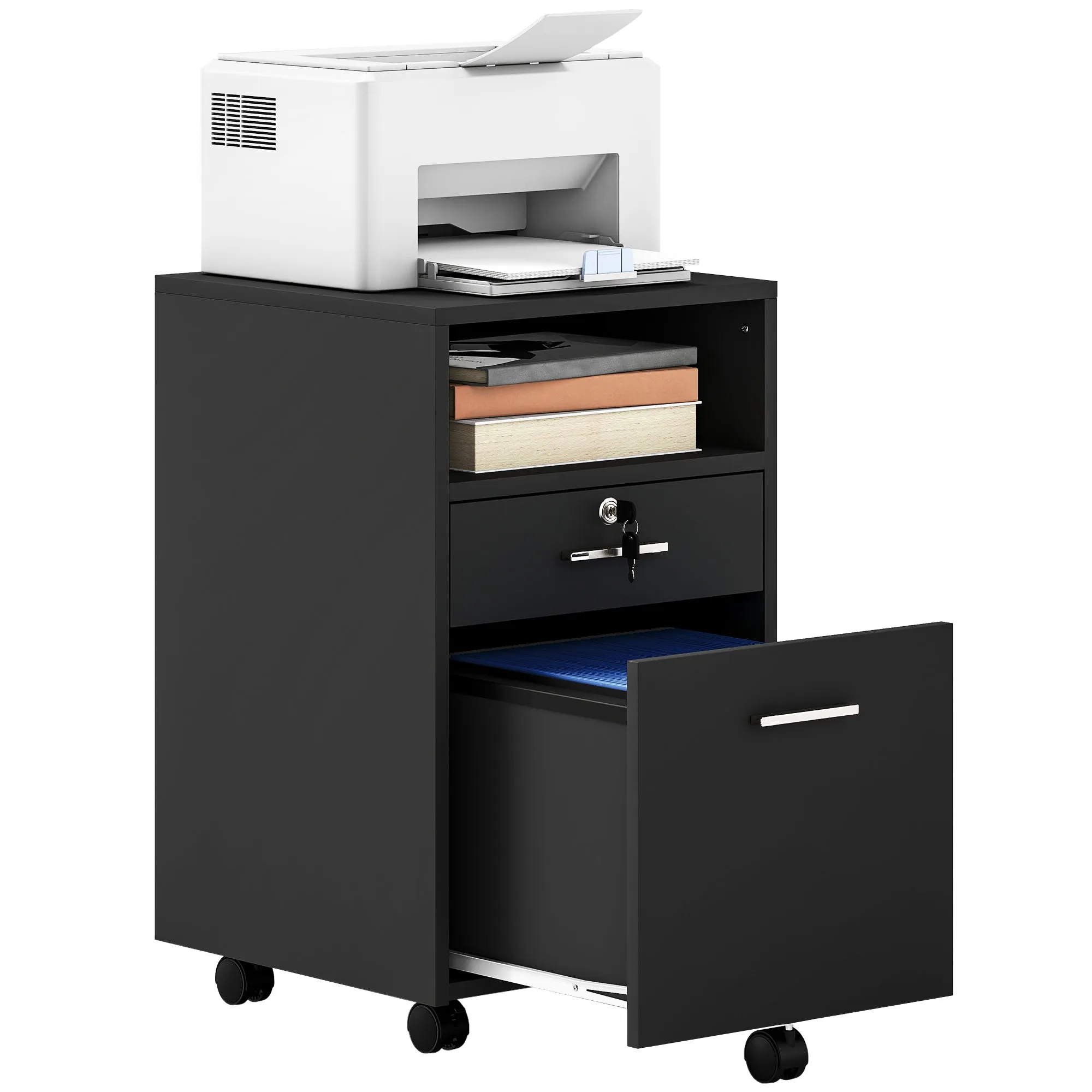 Wooden Office Drawer Cabinet with 2 Drawers and Open Shelf, 39x40x65 cm, Black