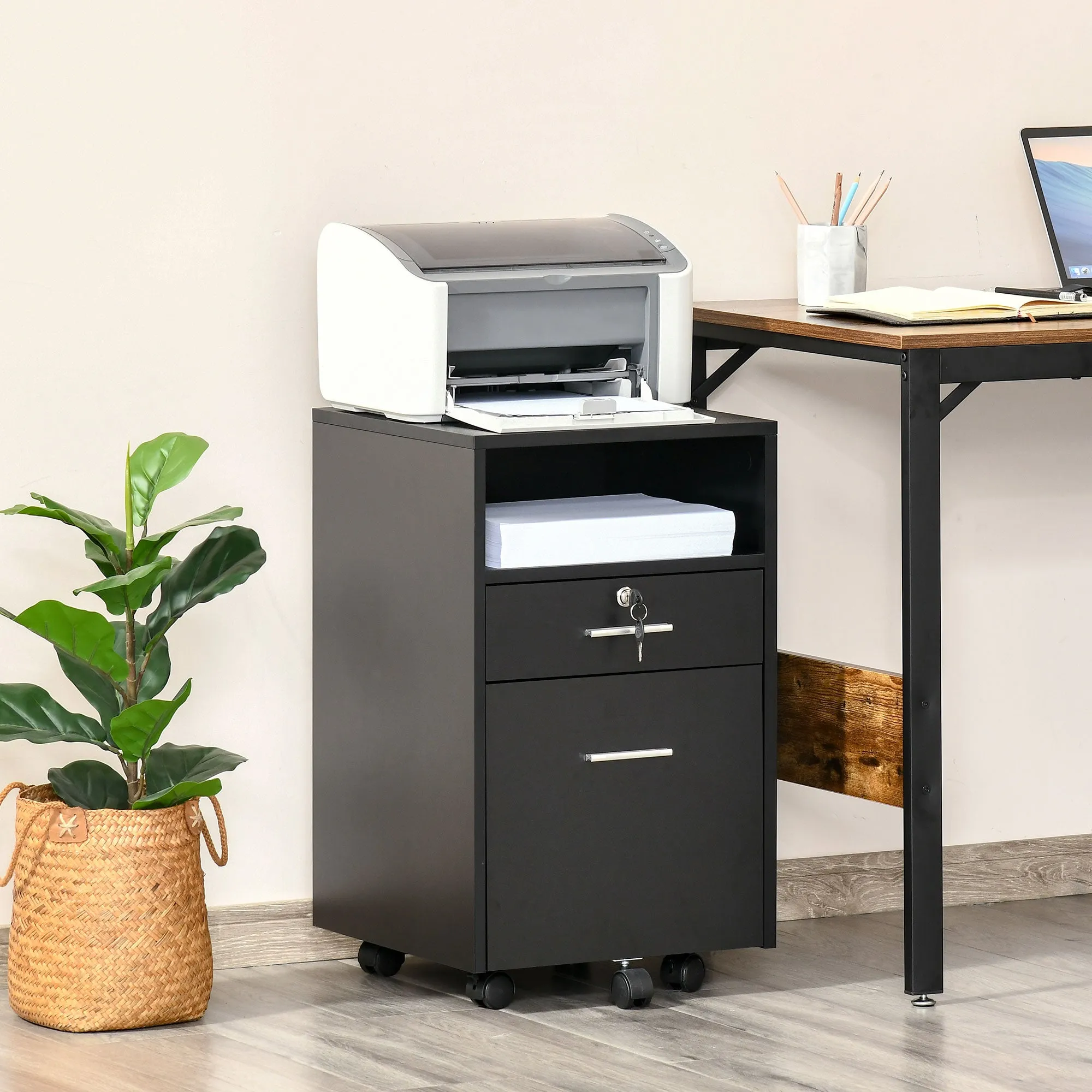 Wooden Office Drawer Cabinet with 2 Drawers and Open Shelf, 39x40x65 cm, Black - Image 2