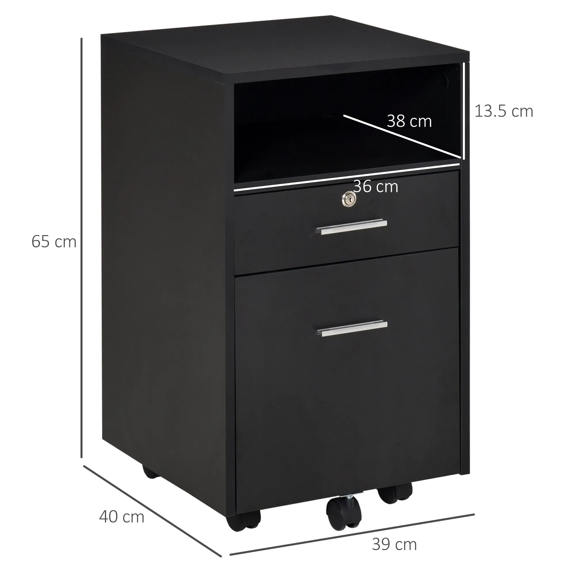 Wooden Office Drawer Cabinet with 2 Drawers and Open Shelf, 39x40x65 cm, Black - Image 3