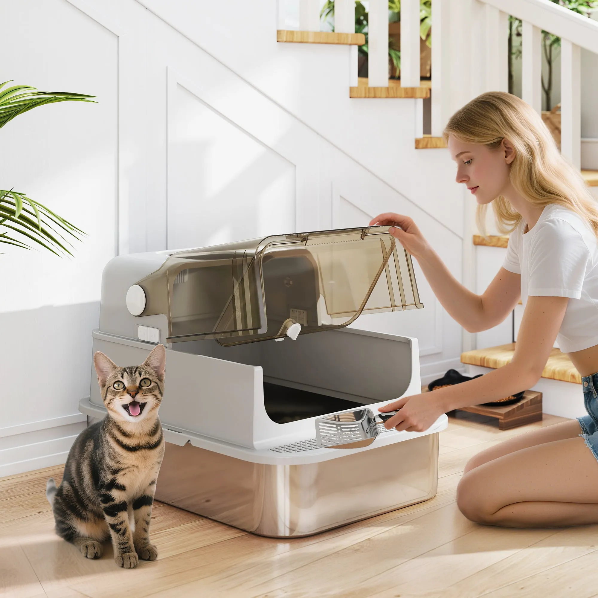 XXL Stainless Steel Enclosed Cat Litter Box, 90° Opening Lid and Double Doors, 70x50x46.5 cm, Grey - Image 2