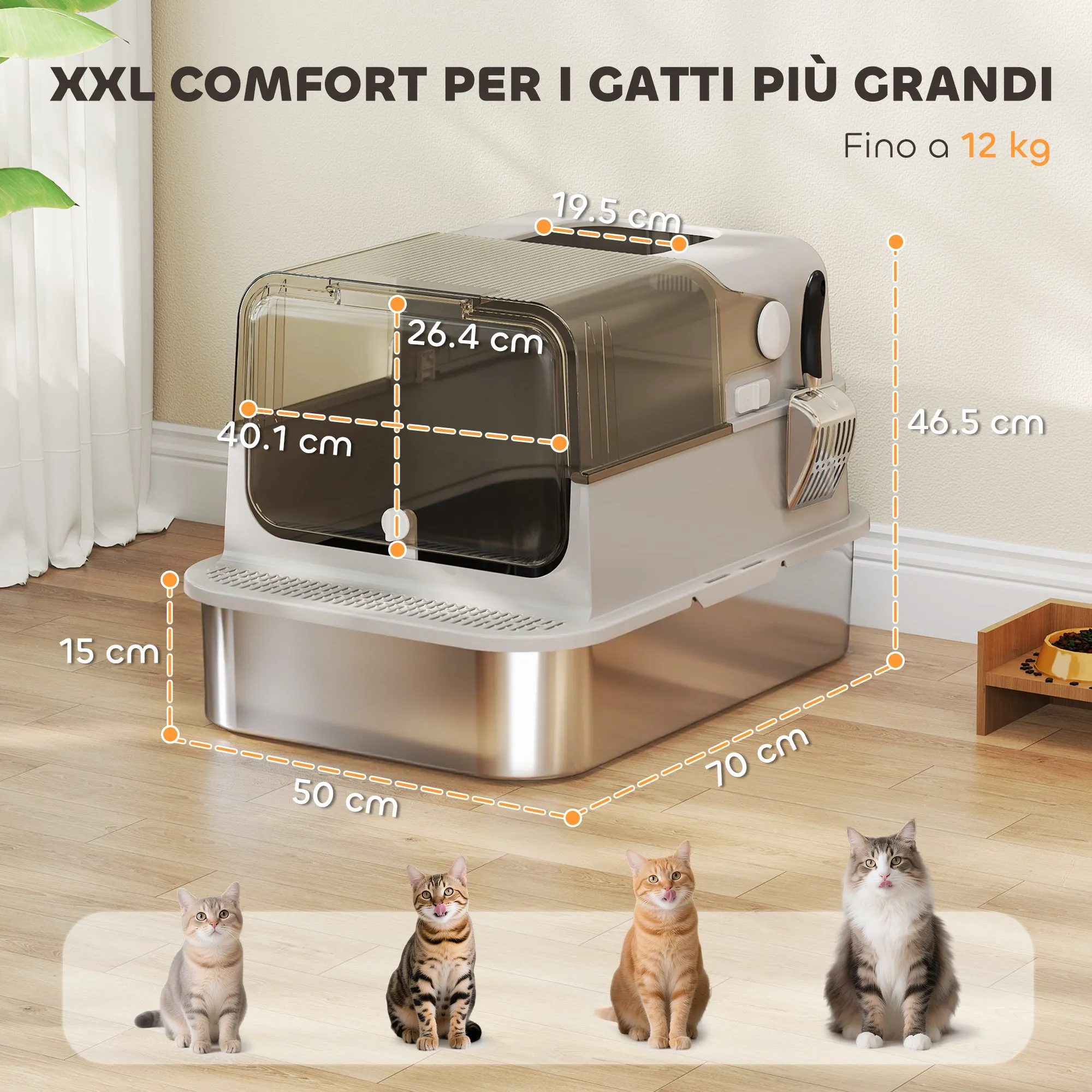 XXL Stainless Steel Enclosed Cat Litter Box, 90° Opening Lid and Double Doors, 70x50x46.5 cm, Grey - Image 3