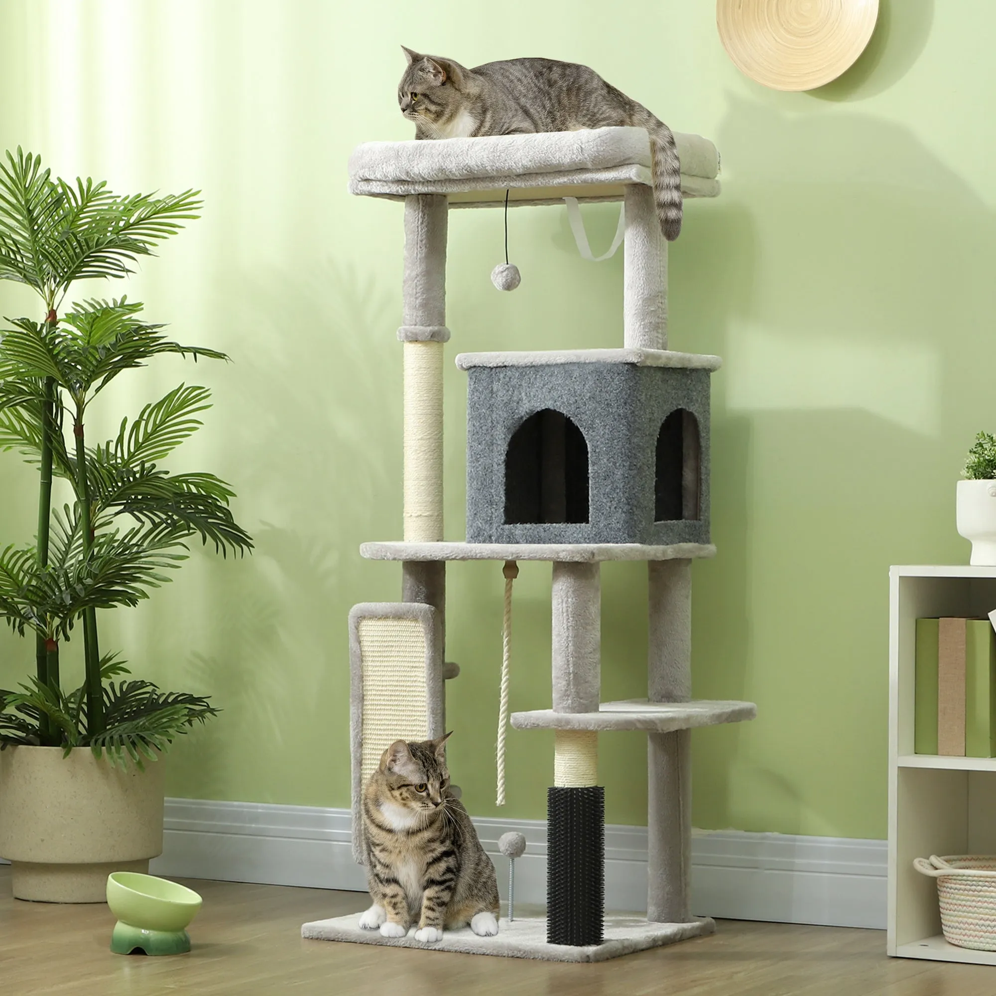 132cm High Multi-Level Cat Tree with House, Bed, Scratching Posts, Brush and Ball, Grey - Image 2