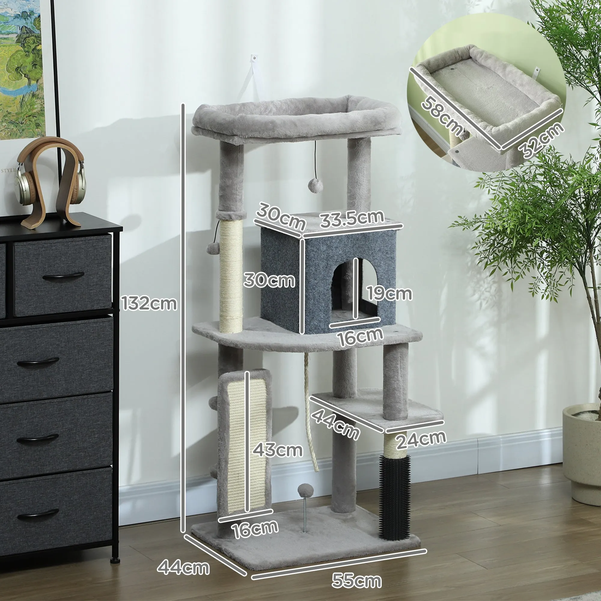 132cm High Multi-Level Cat Tree with House, Bed, Scratching Posts, Brush and Ball, Grey - Image 3