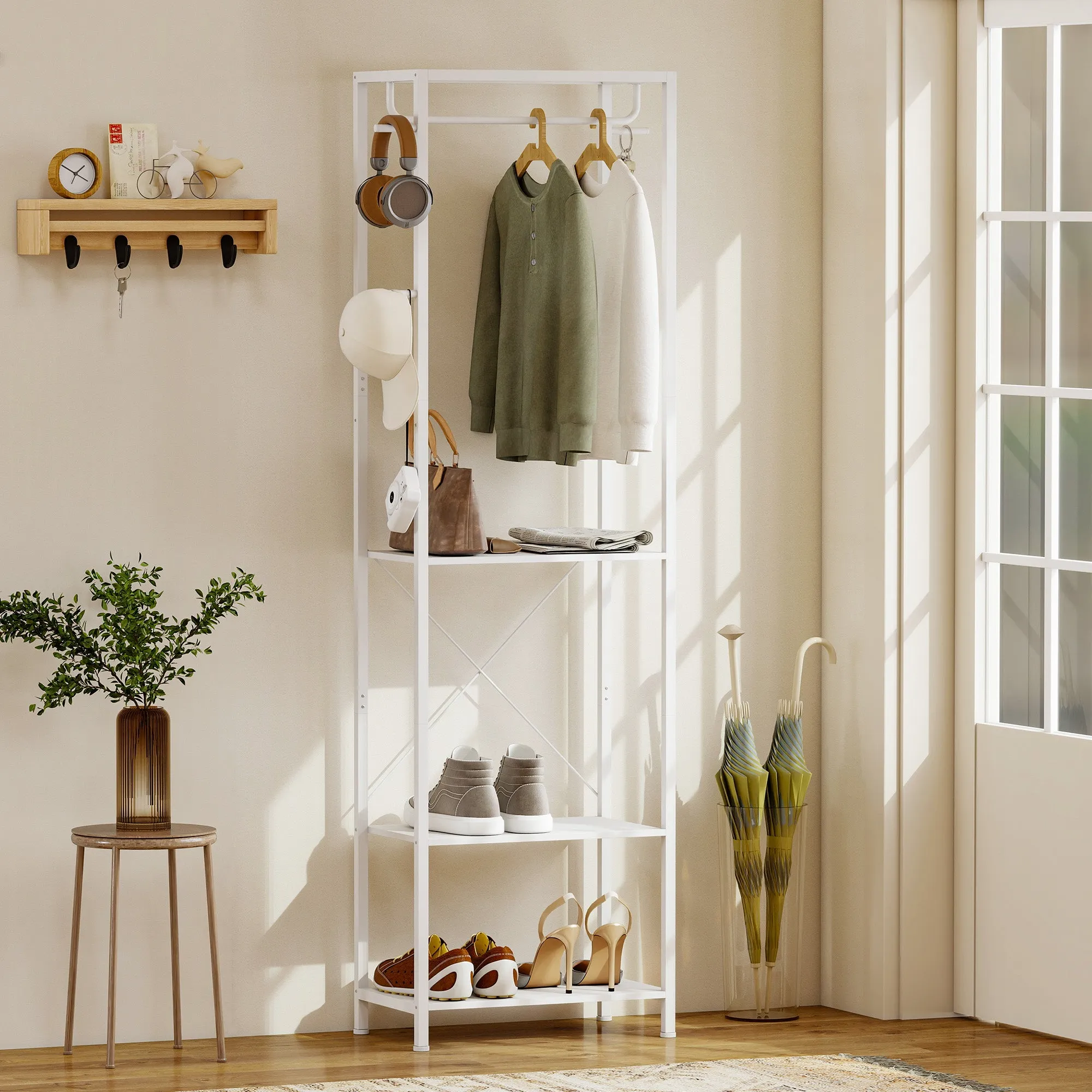 2-Tier Coat Rack with Shoe Rack, Clothes Rail, 4 Hooks, Top Shelf, 52x30x180 cm, White - Image 2