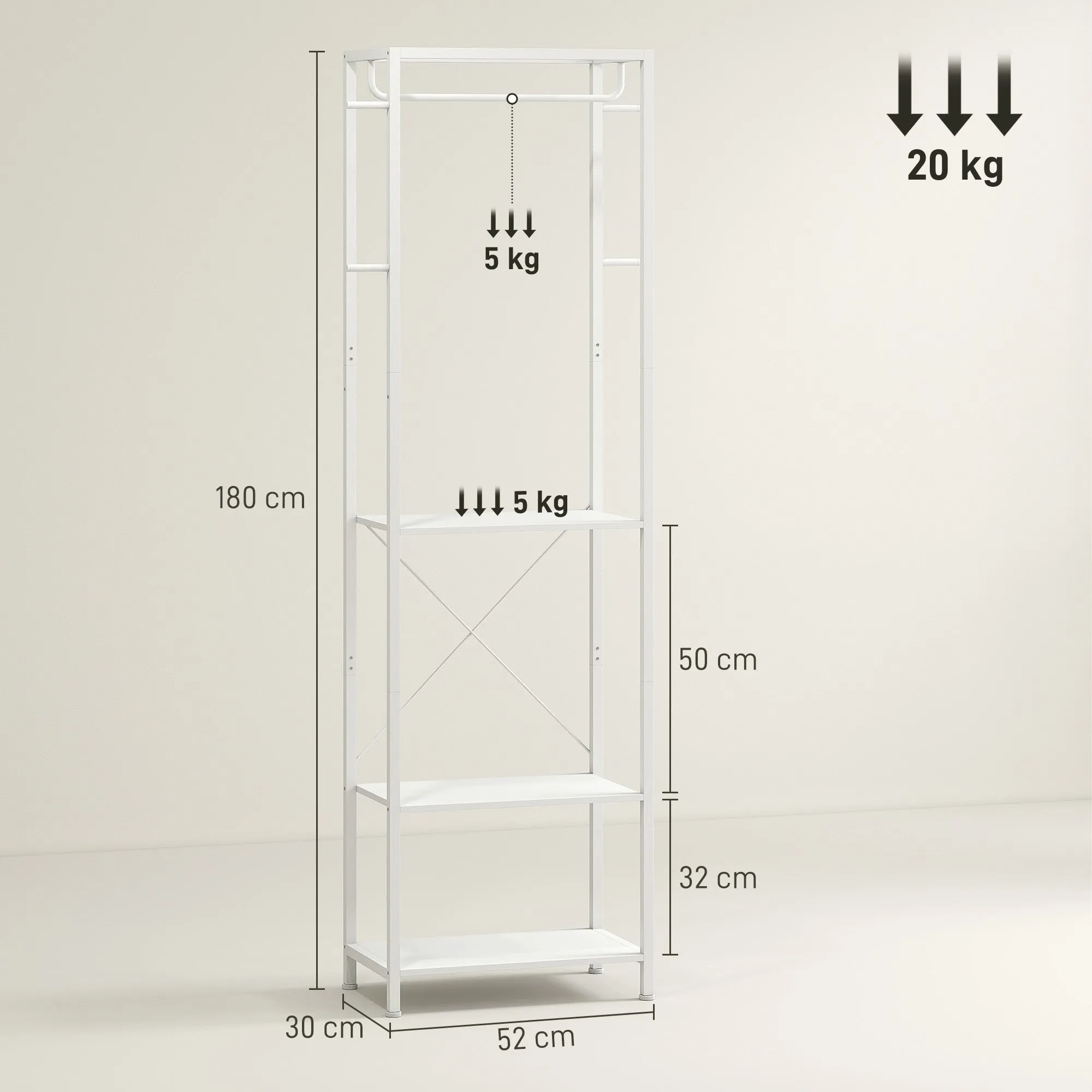 2-Tier Coat Rack with Shoe Rack, Clothes Rail, 4 Hooks, Top Shelf, 52x30x180 cm, White - Image 3