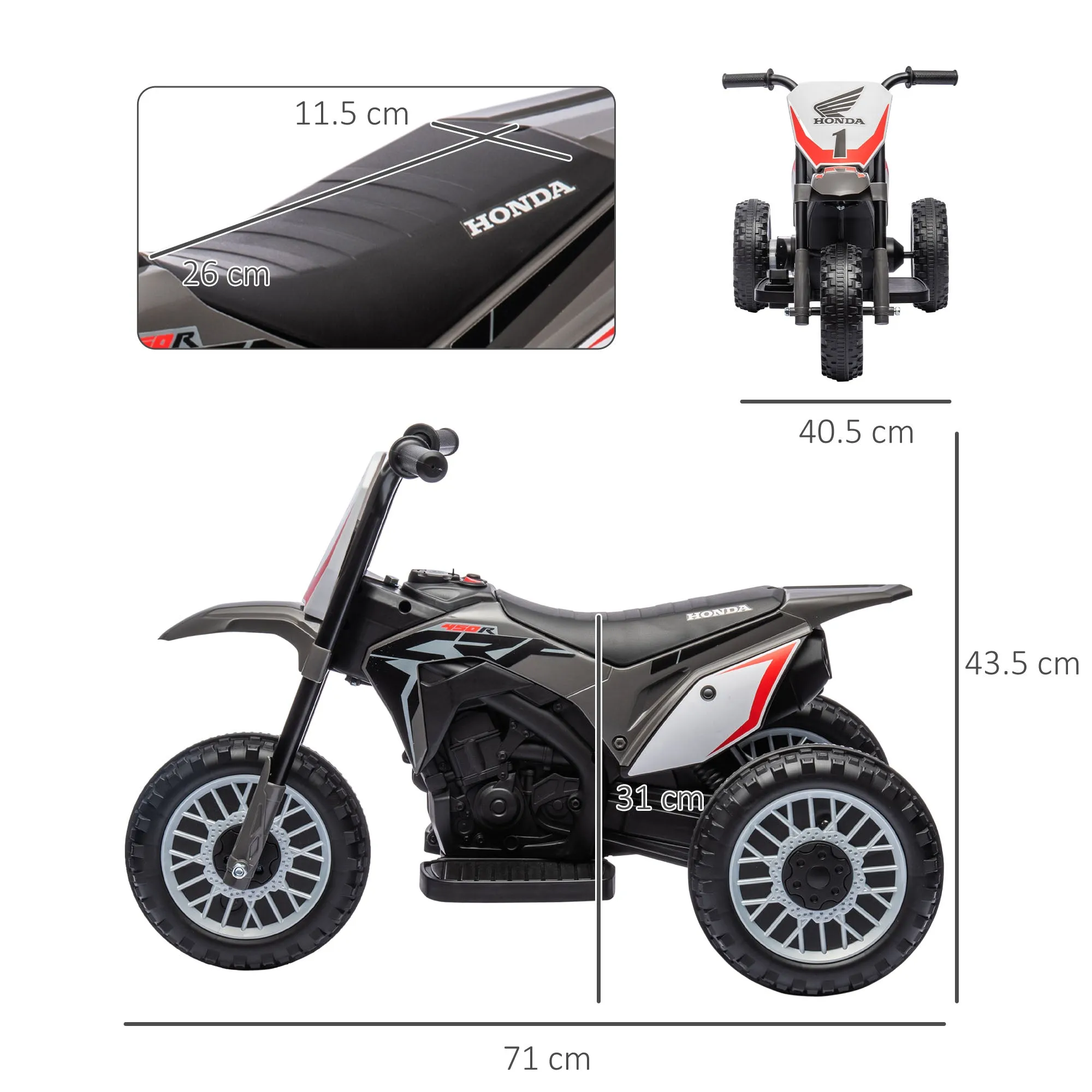 Honda CRF450RL Licensed 3-Wheeled Electric Dirt Bike for Kids with Horn, 71x40.5x43.5 cm, Grey - Image 3