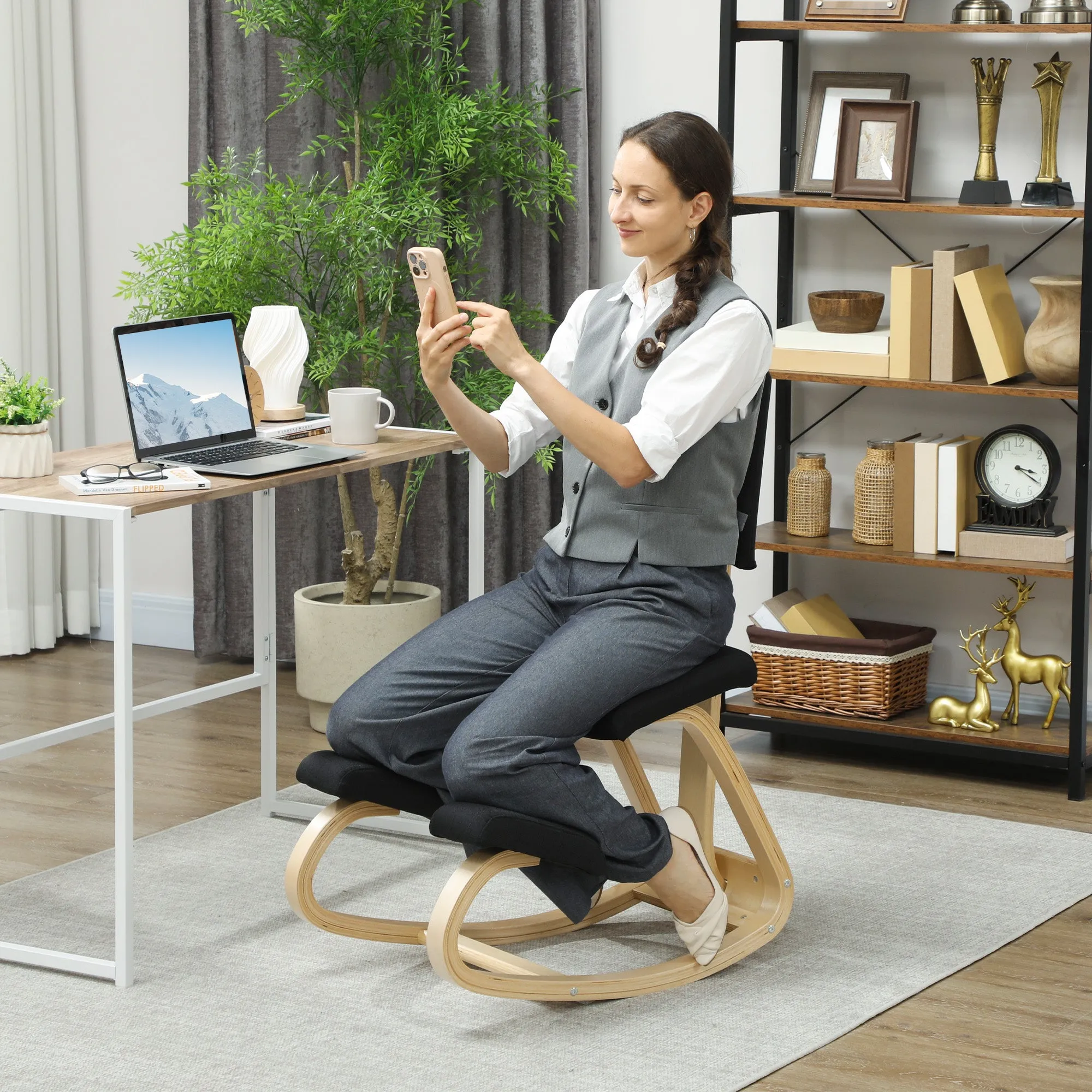 Rocking Kneeling Chair in Linen-Effect Fabric and Birch Wood, 51x84x93 cm, Black - Image 2
