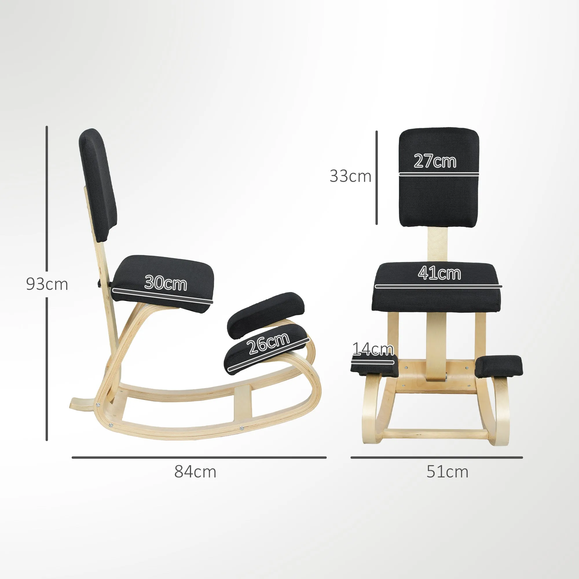 Rocking Kneeling Chair in Linen-Effect Fabric and Birch Wood, 51x84x93 cm, Black - Image 3