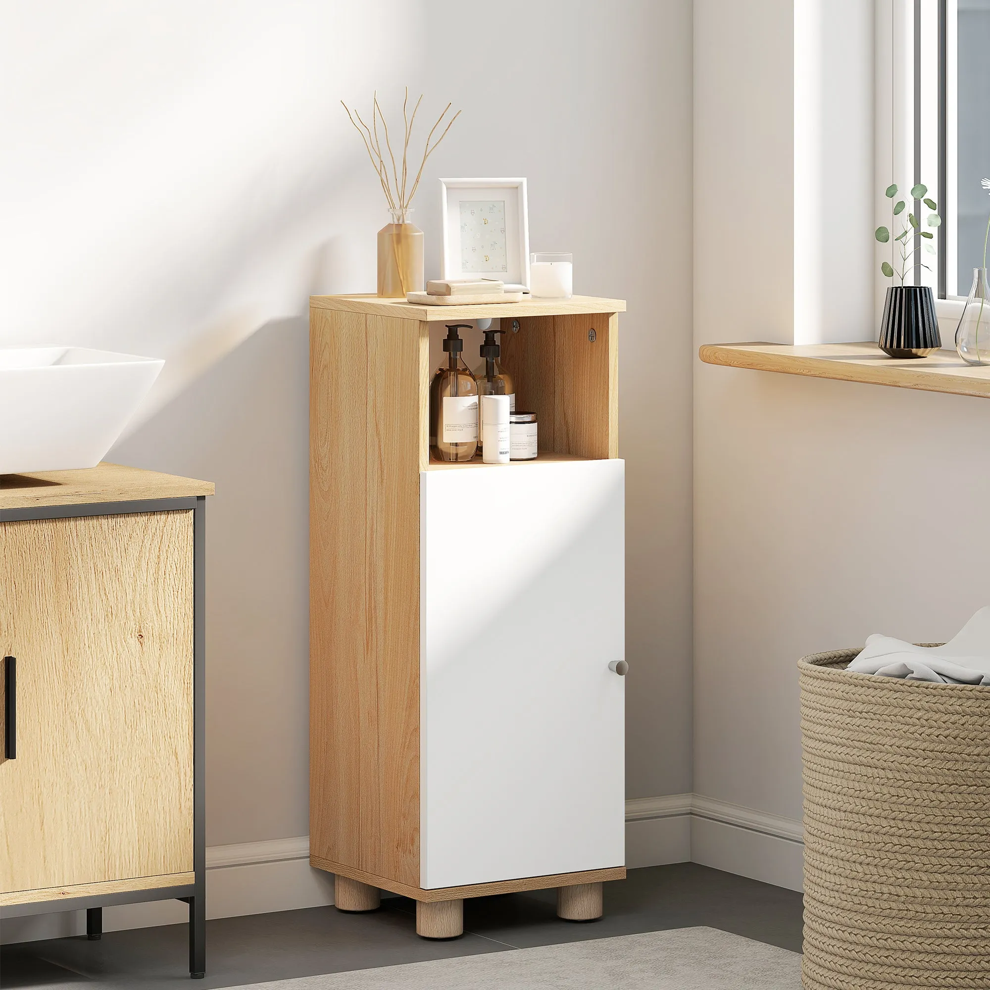 Space-Saving Bathroom Cabinet with 2 Shelves and Open Compartment, 30x30x79.7 cm, White and Wood - Image 2