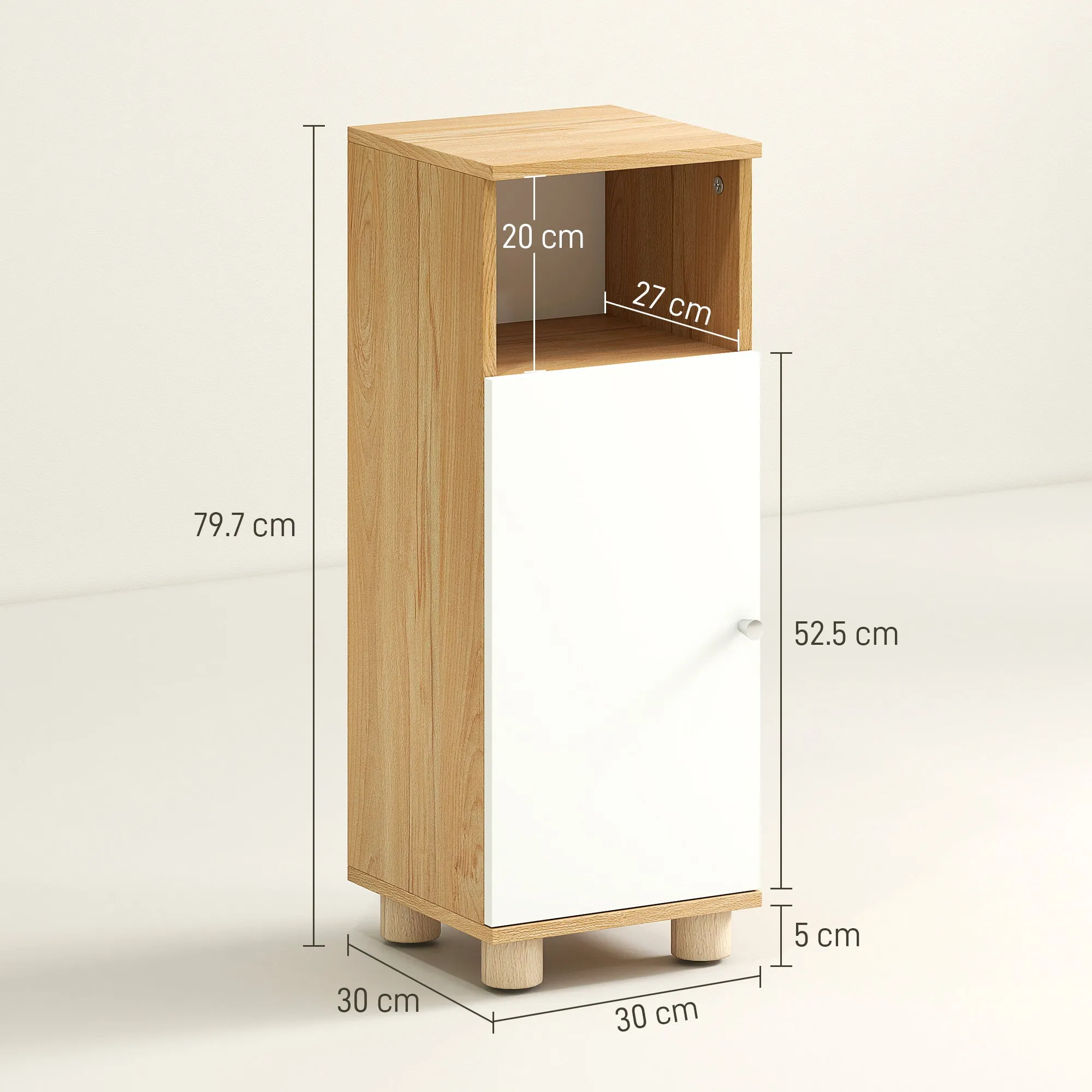 Space-Saving Bathroom Cabinet with 2 Shelves and Open Compartment, 30x30x79.7 cm, White and Wood - Image 3
