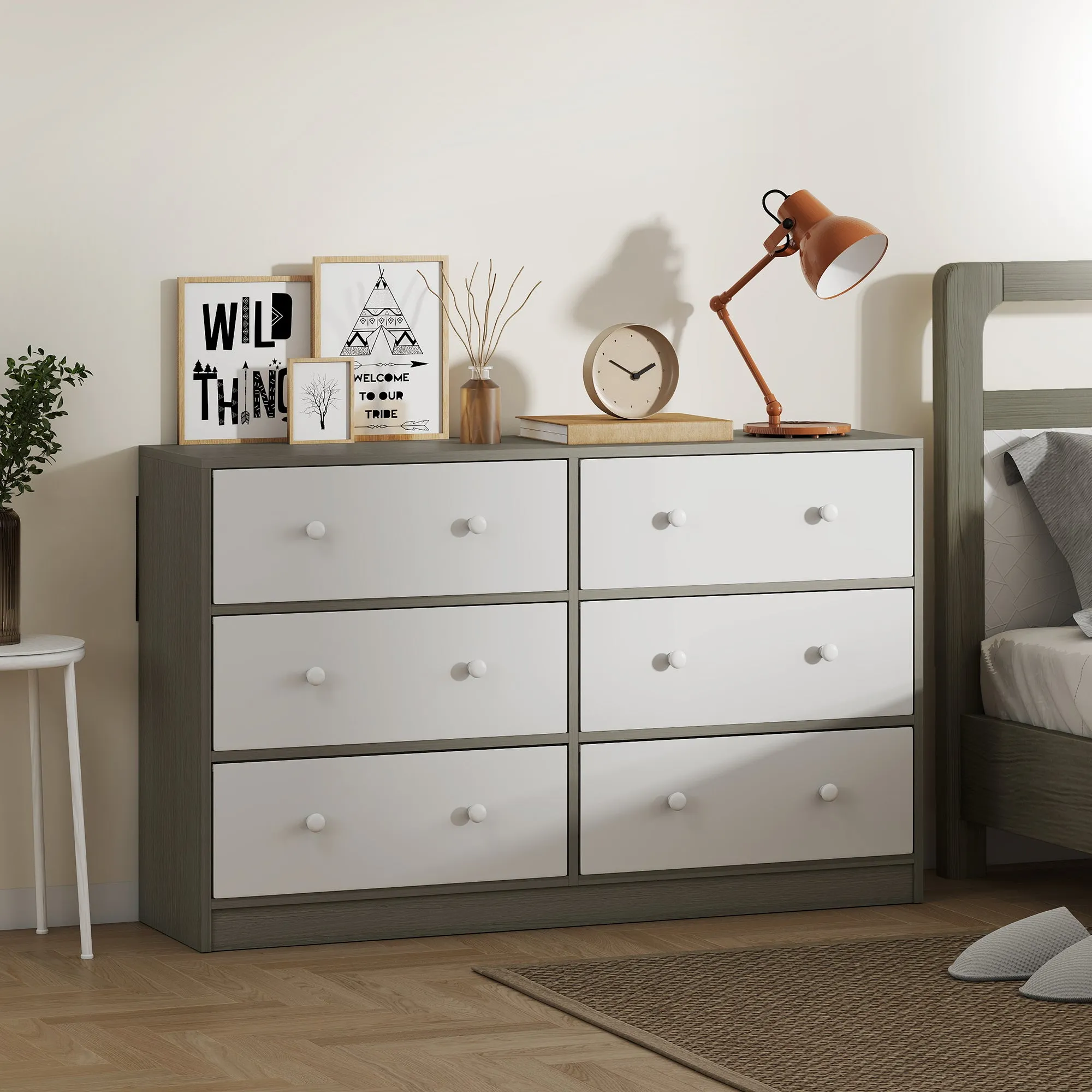 6-Drawer Folding Chest with Double Handles, Made of Wood, Steel and Fabric, 114x30x70 cm, White and Grey - Image 2