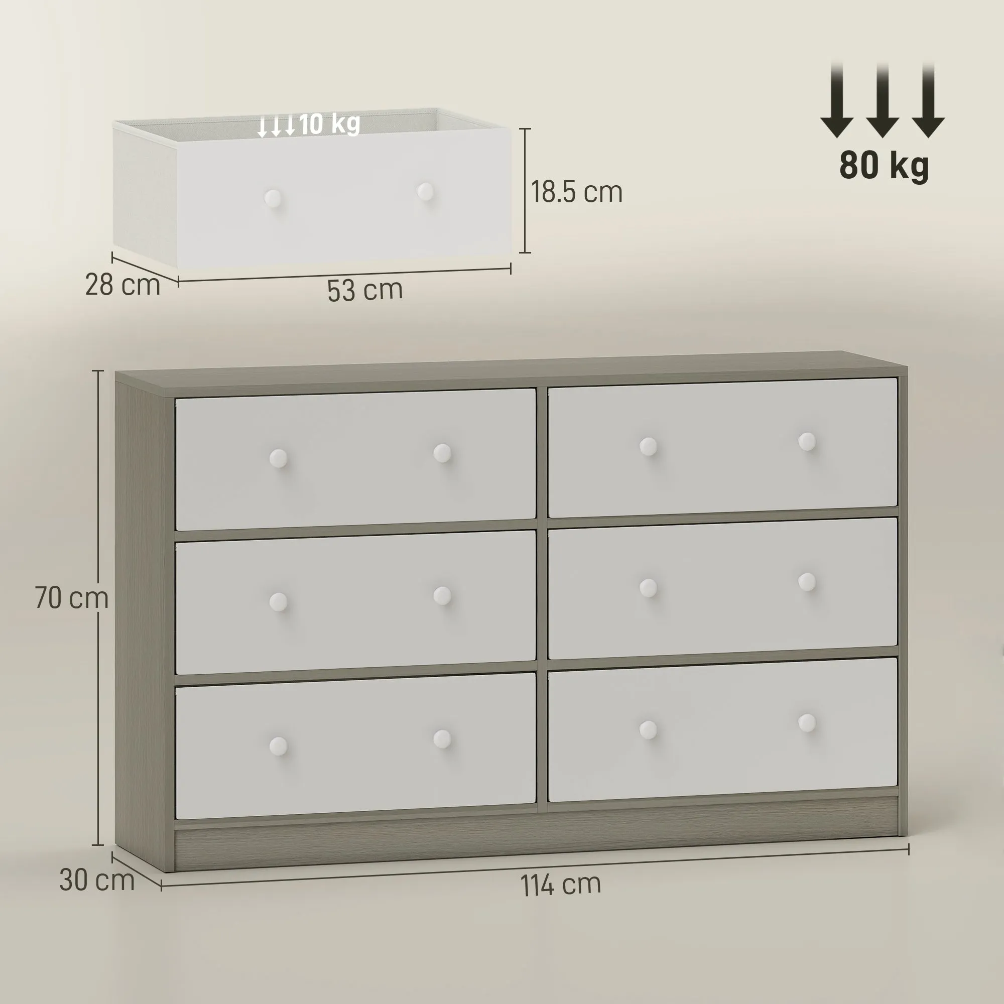 6-Drawer Folding Chest with Double Handles, Made of Wood, Steel and Fabric, 114x30x70 cm, White and Grey - Image 3