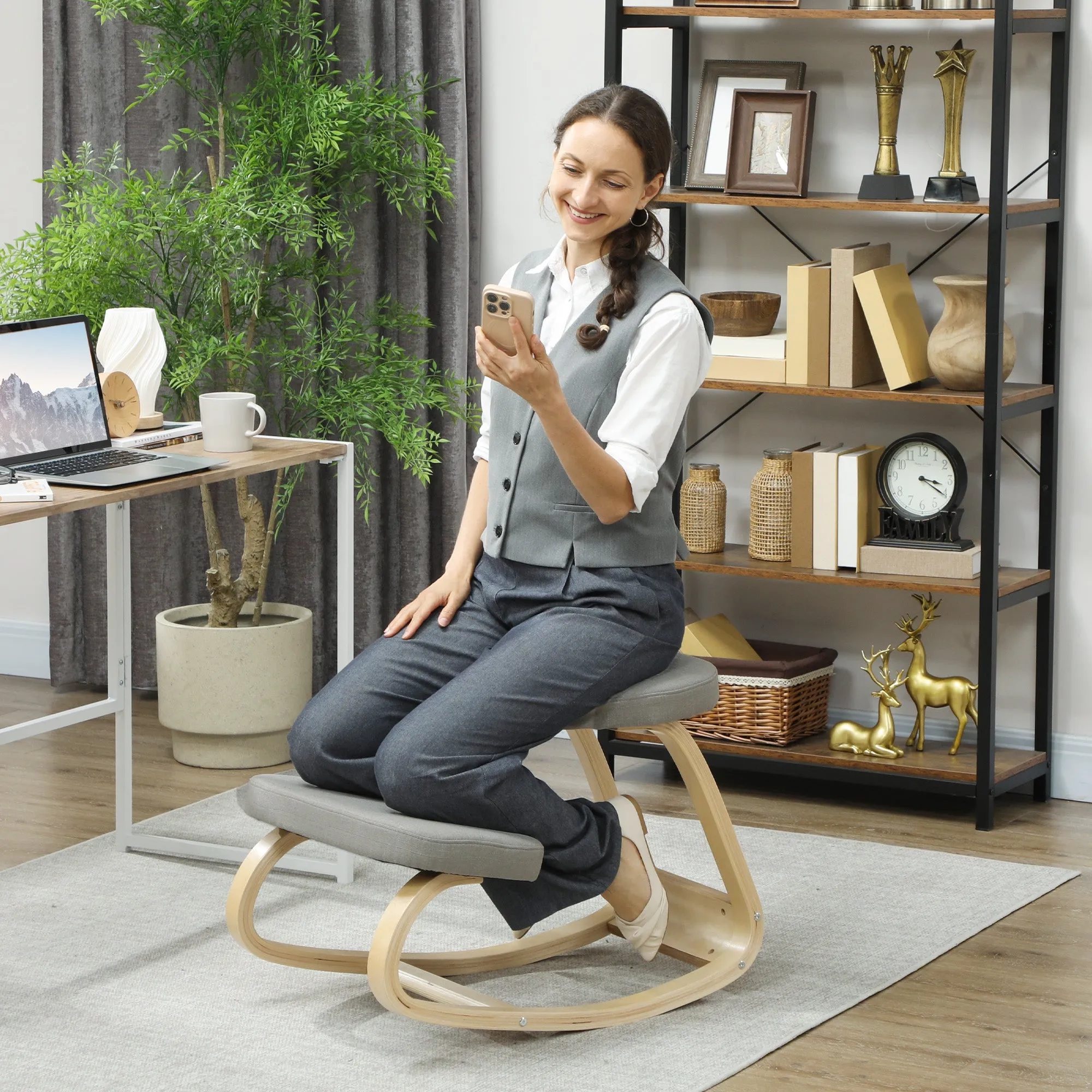 Rocking Kneeling Chair, Fabric and Birch Wood, 50x73x55 cm, Grey - Image 2