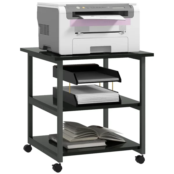 3-Tier Printer Cart with 4 Wheels, Wood and Steel, 50x50x52.5cm, Black