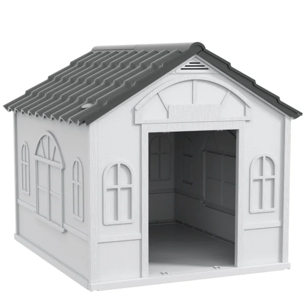Waterproof PP Dog House with Sloped Roof and Entrance Door, 84.2 x 98.2 x 82 cm, Grey