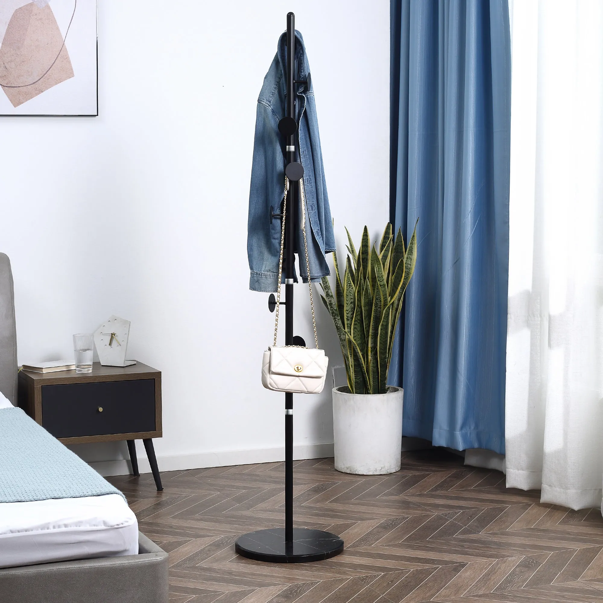 Coat Rack with 8 Hooks, Steel Frame with Marble Base, 35x35x170cm, Black - Image 2