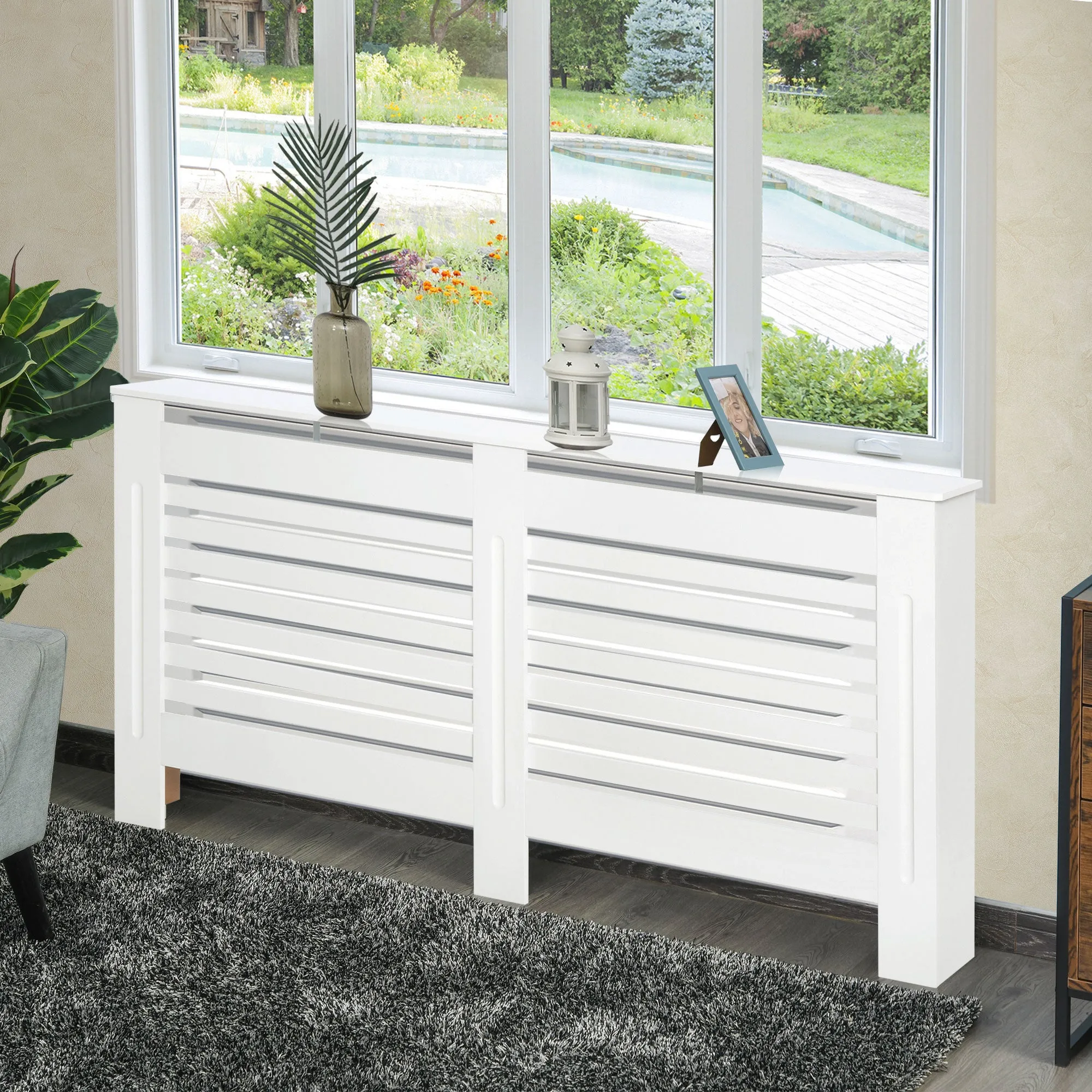 Slatted Radiator Cover with Storage Shelf, Wooden, 172x19x81 cm, White - Image 2