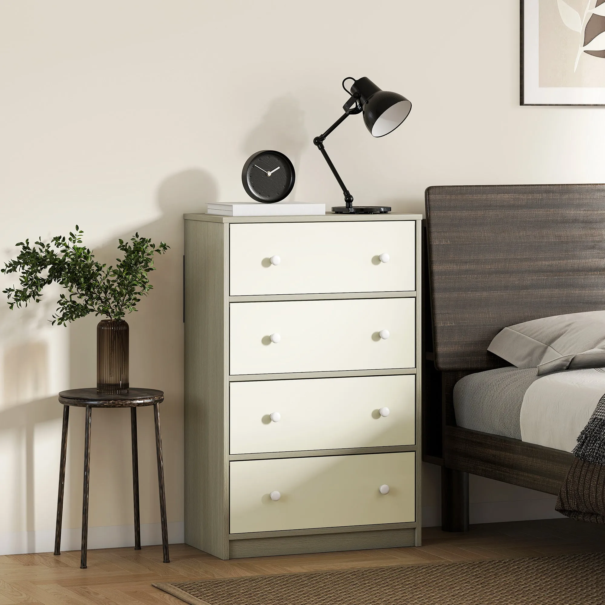 4-Drawer Folding Chest with Double Handles, Made of Wood, Steel and Fabric, 58x30x91 cm, White and Grey - Image 2