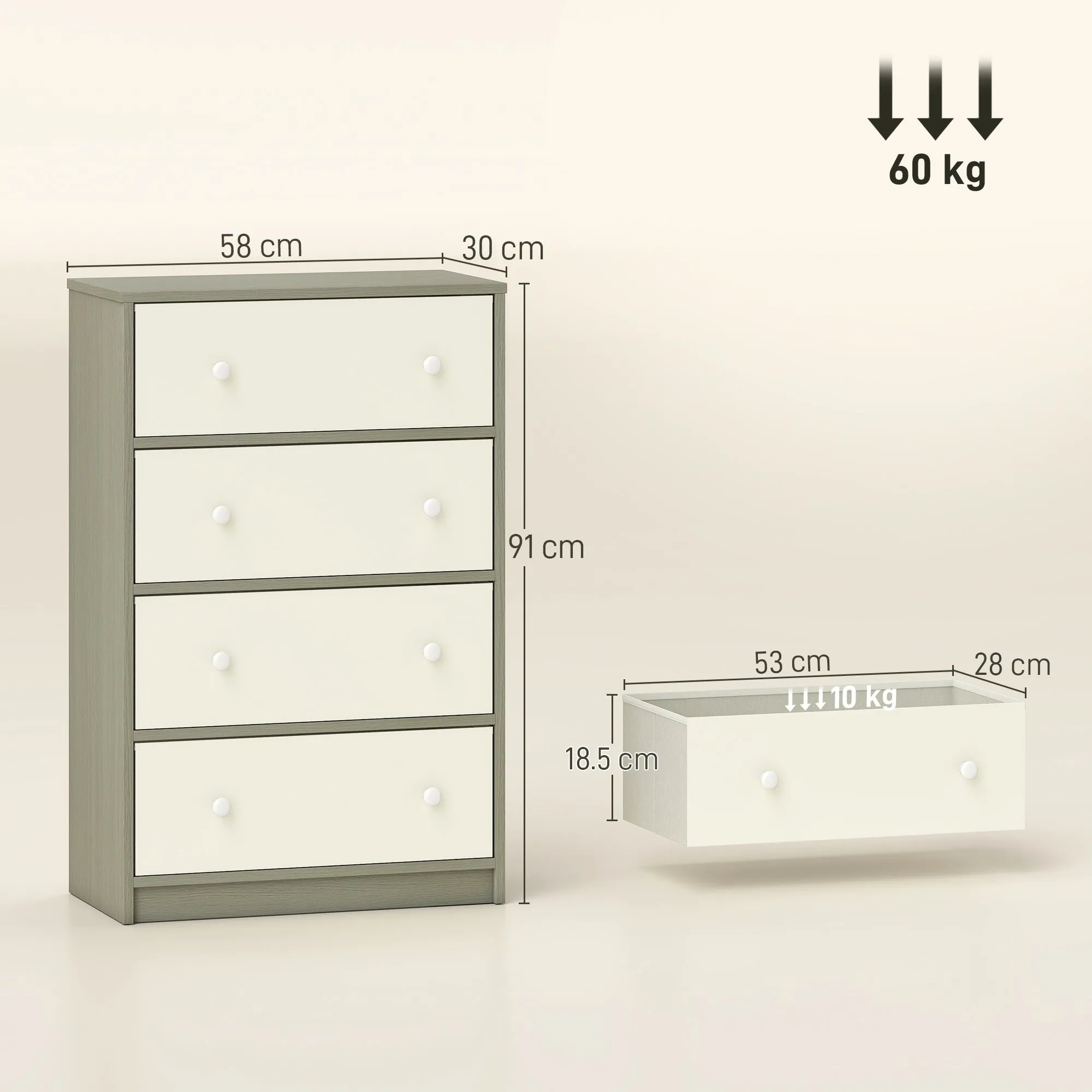 4-Drawer Folding Chest with Double Handles, Made of Wood, Steel and Fabric, 58x30x91 cm, White and Grey - Image 3