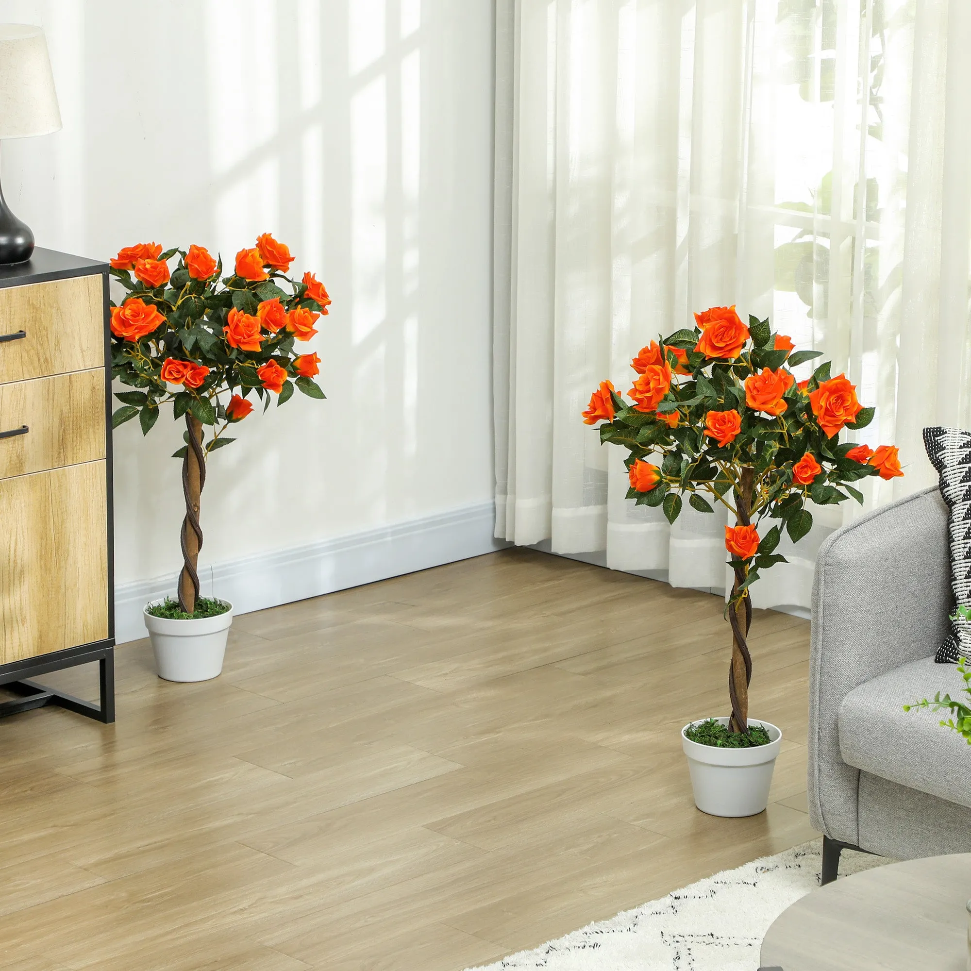21-Flower Artificial Camellia Plant with Cement and Moss Pot, Ø18x90 cm, Orange - Image 2