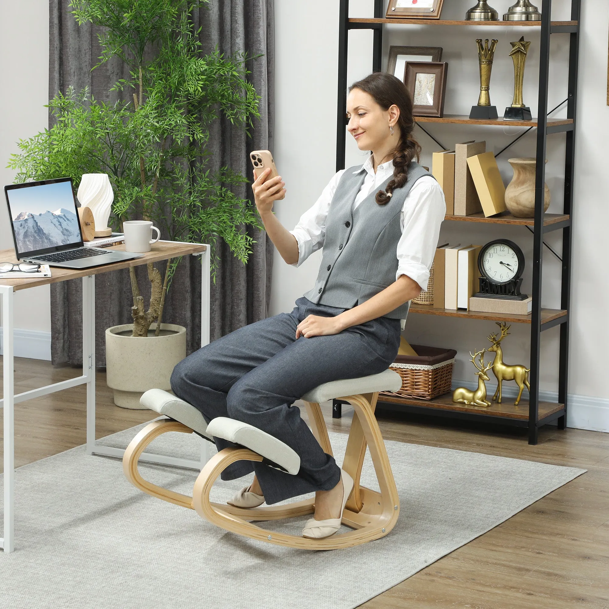 Rocking Kneeling Chair in Linen-Effect Fabric and Birch Wood, 51x84x93 cm, Cream - Image 2