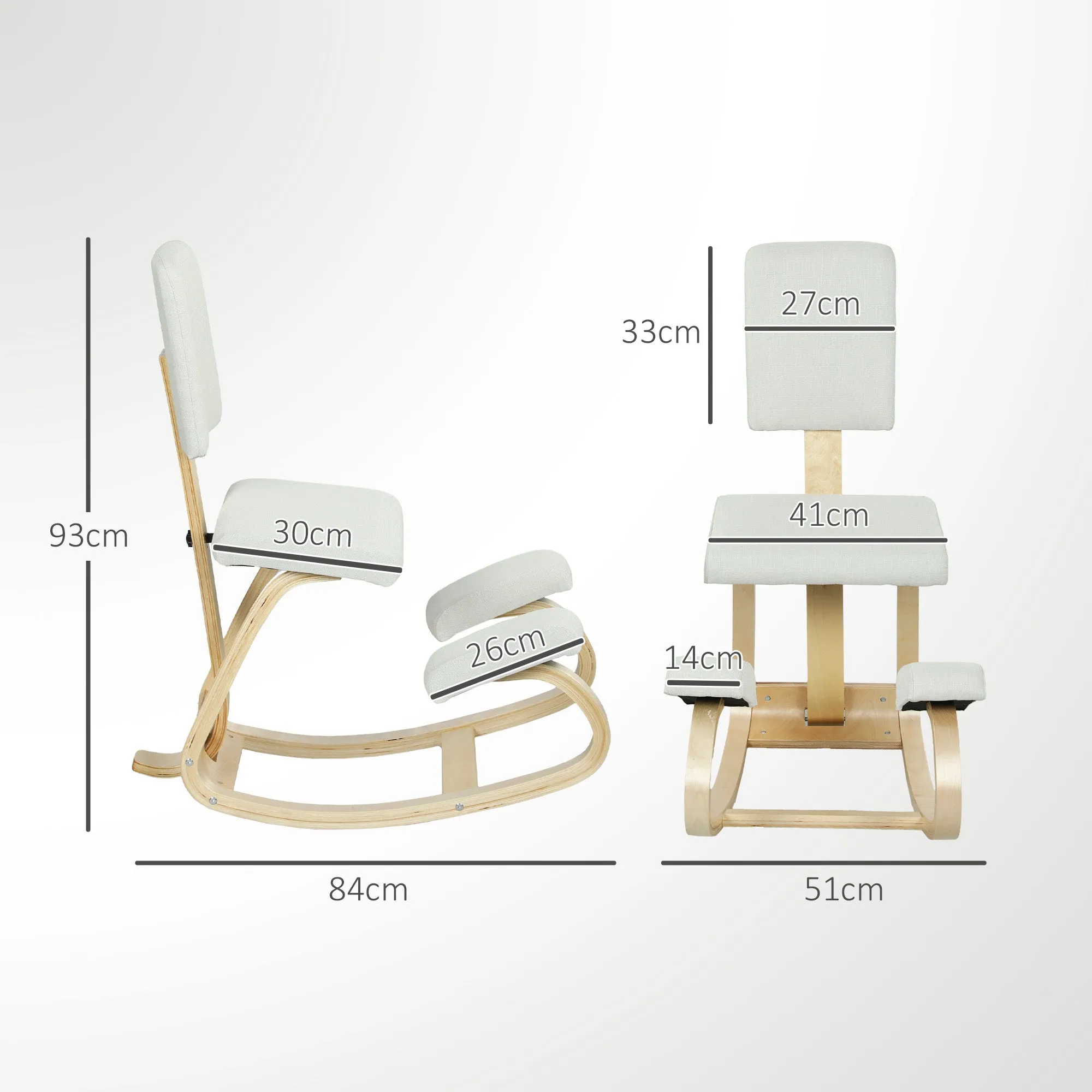 Rocking Kneeling Chair in Linen-Effect Fabric and Birch Wood, 51x84x93 cm, Cream - Image 3