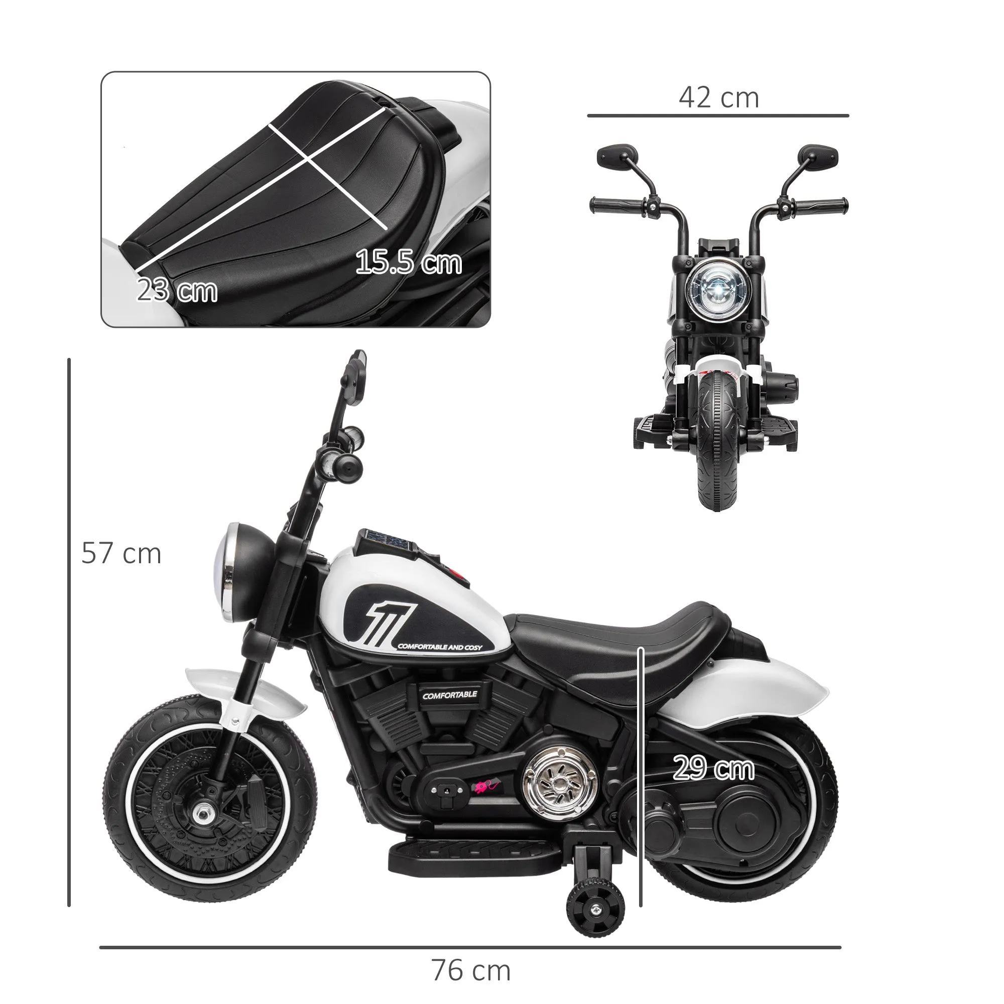 Electric Motorcycle for Children 18-36 Months with Training Wheels and Headlight, 76x42x57 cm, White and Black - Image 3