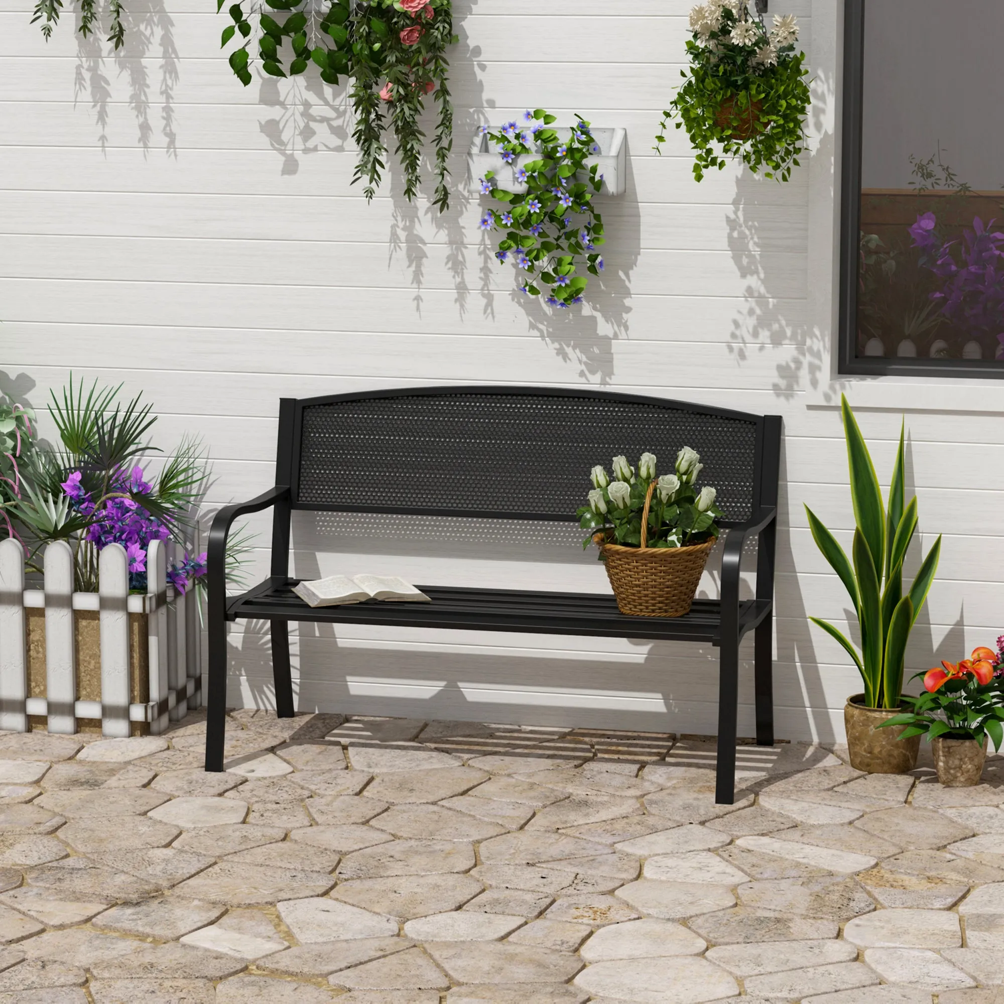 Outdoor Bench Garden Bench Max 240kg Metal 127 × 60 × 85cm Black - Image 2