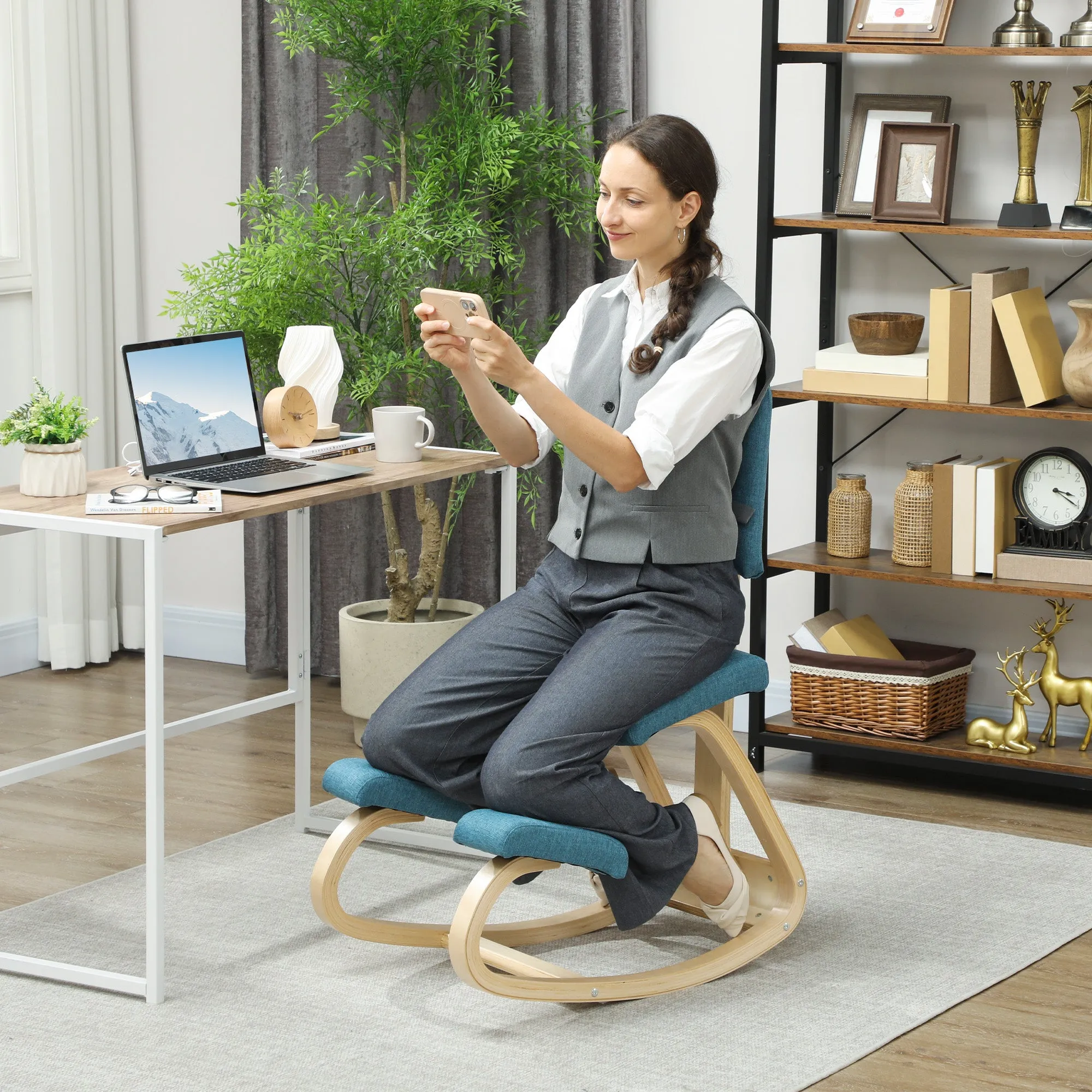 Rocking Kneeling Chair in Linen-Effect Fabric and Birch Wood, 51x84x93 cm, Dark Blue - Image 2