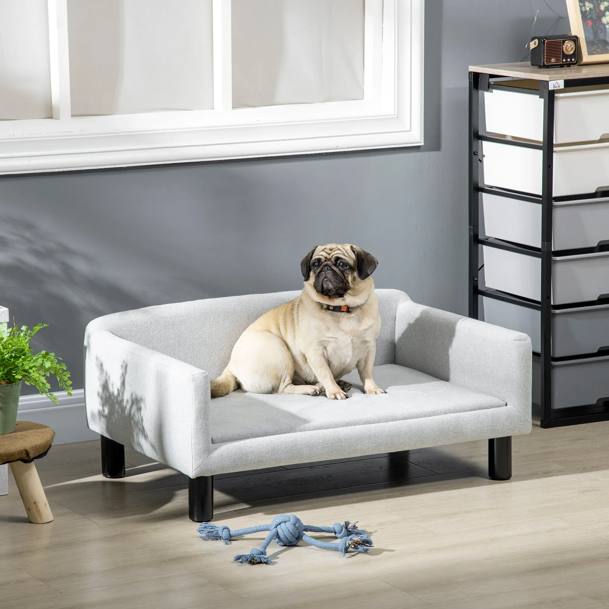 Velvet Dog Sofa with Cushion, Armrests and Backrest, 82 x 54 x 36 cm, Light Grey - Image 2