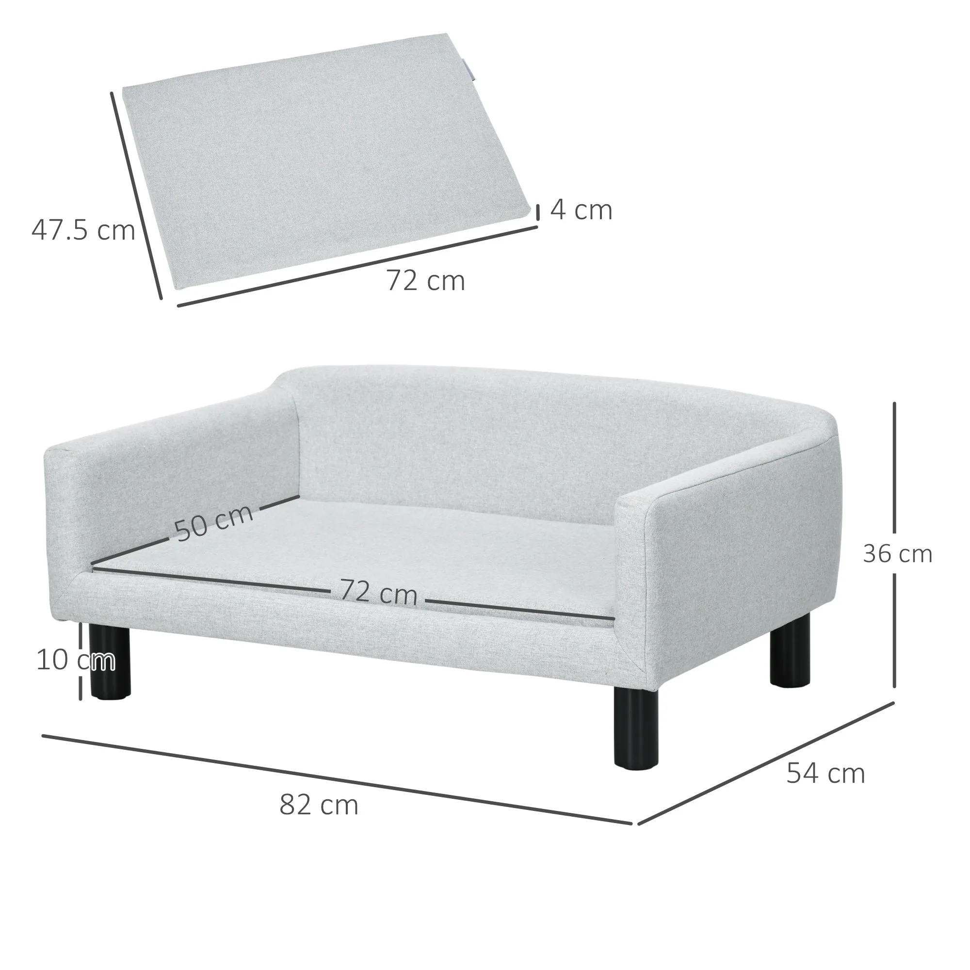 Velvet Dog Sofa with Cushion, Armrests and Backrest, 82 x 54 x 36 cm, Light Grey - Image 3