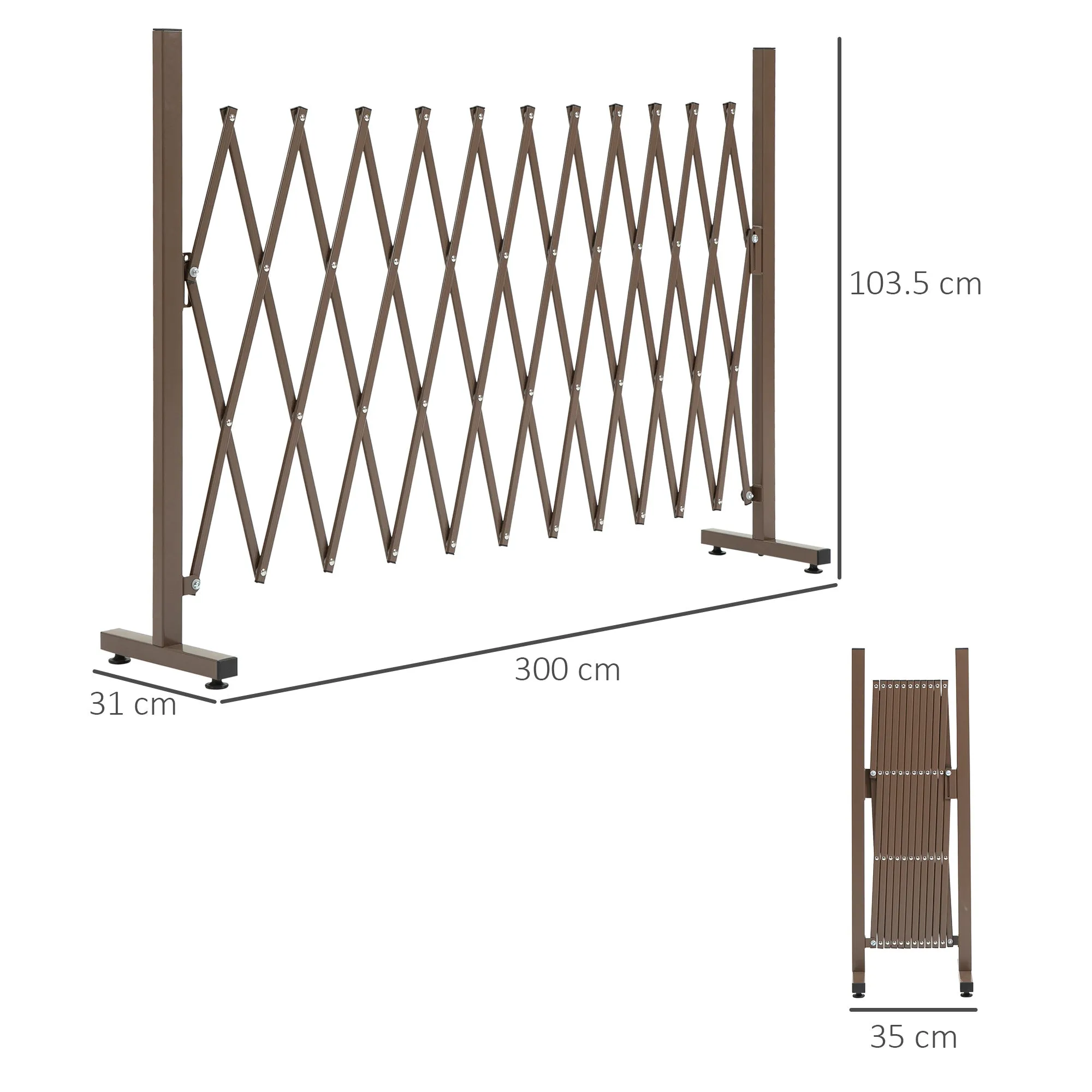 Adjustable Width Garden Fence, Metal and Aluminum, 300x31x103.5 cm, Dark Brown - Image 3
