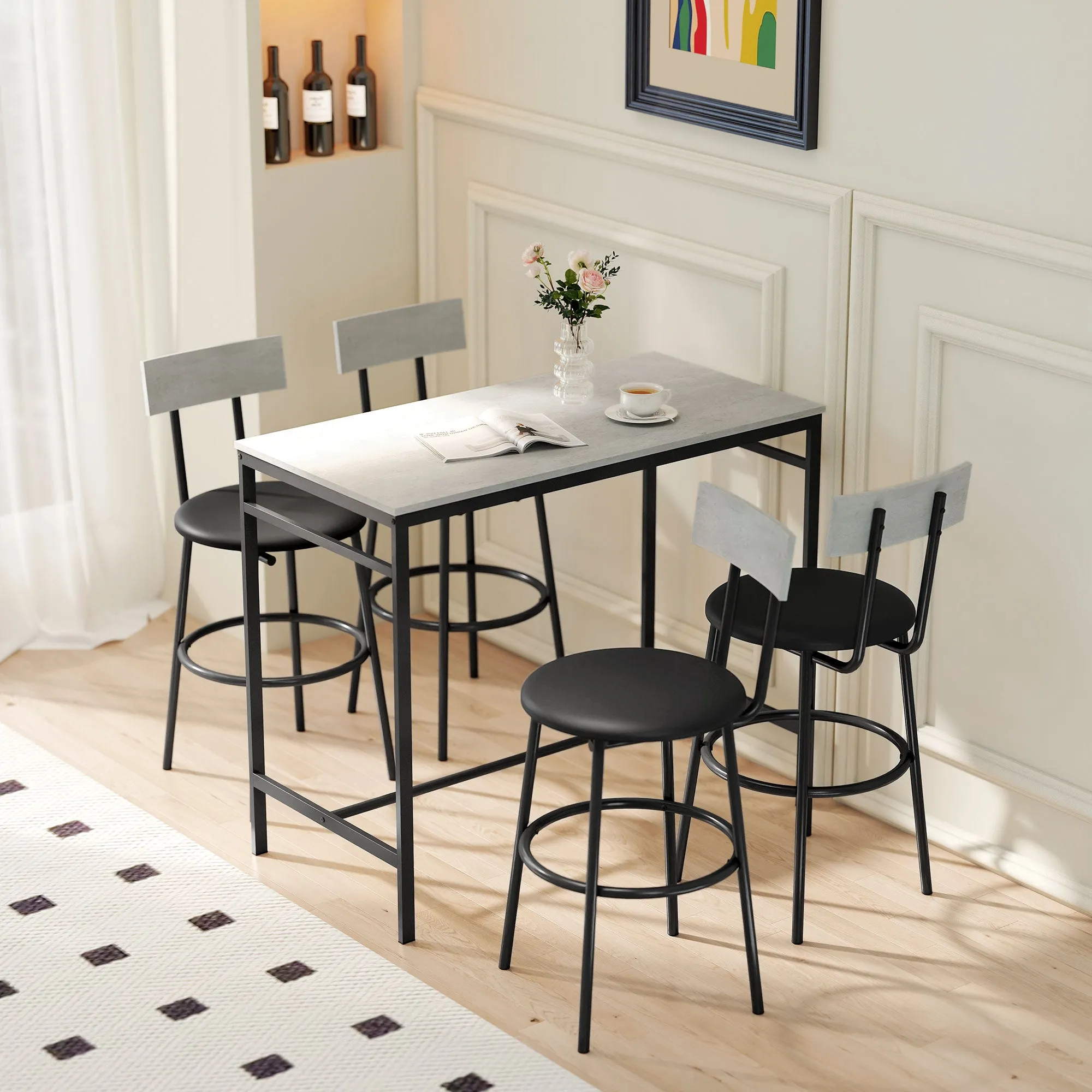 Industrial Style High Table and 4 Bar Stools Set with Backrest and Footrest, Cement Grey - Image 2