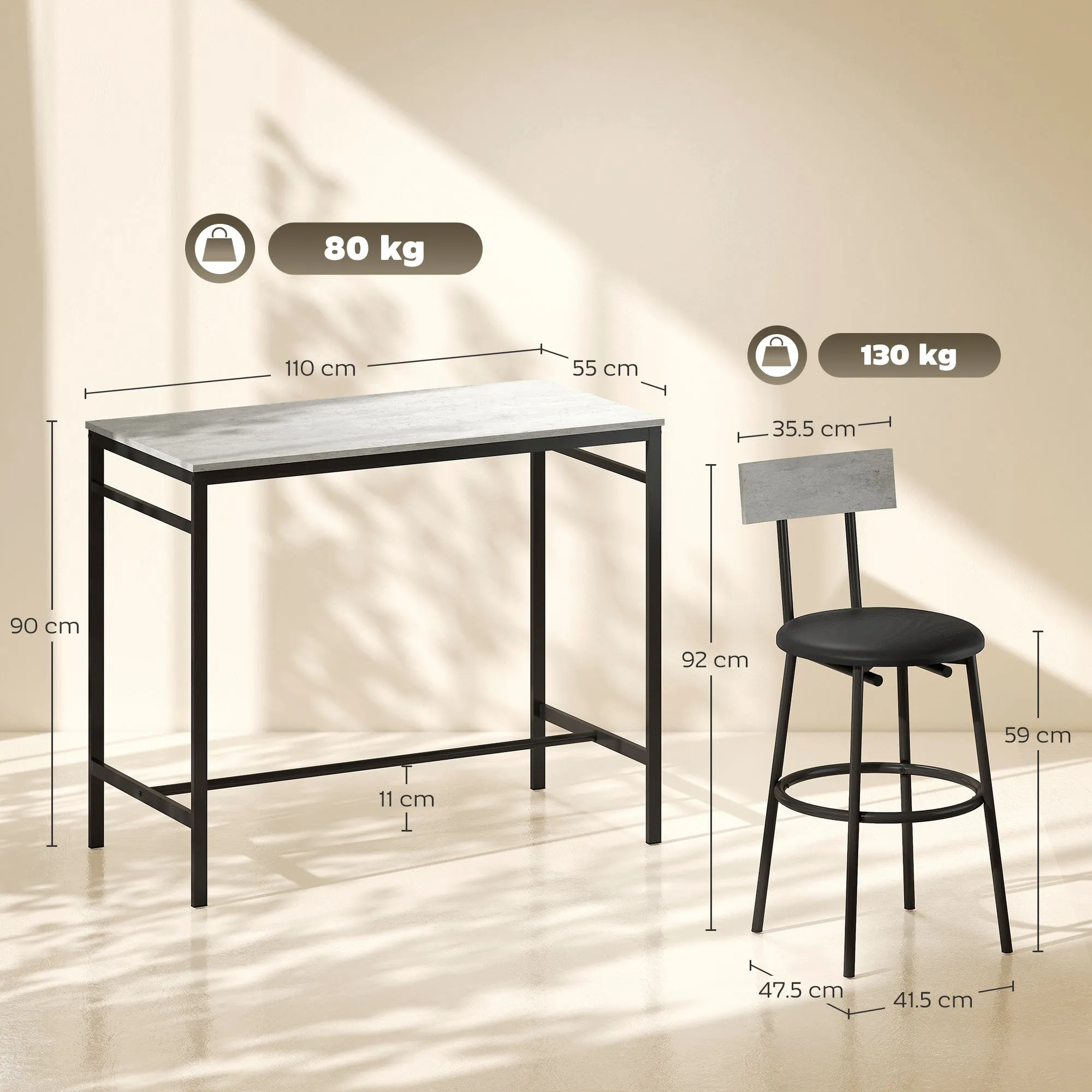 Industrial Style High Table and 4 Bar Stools Set with Backrest and Footrest, Cement Grey - Image 3