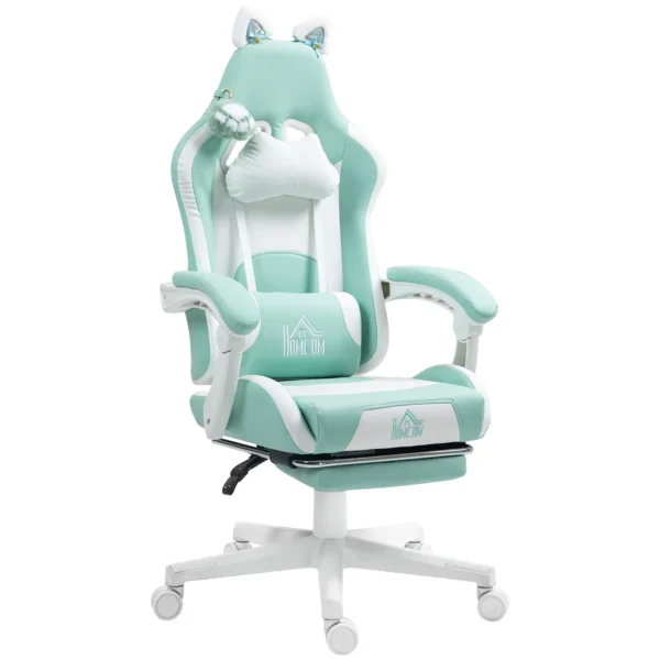 Reclining Gaming Chair with Footrest and Cushions, Faux Leather and Sponge, 65x62x116-124 cm, White and Blue
