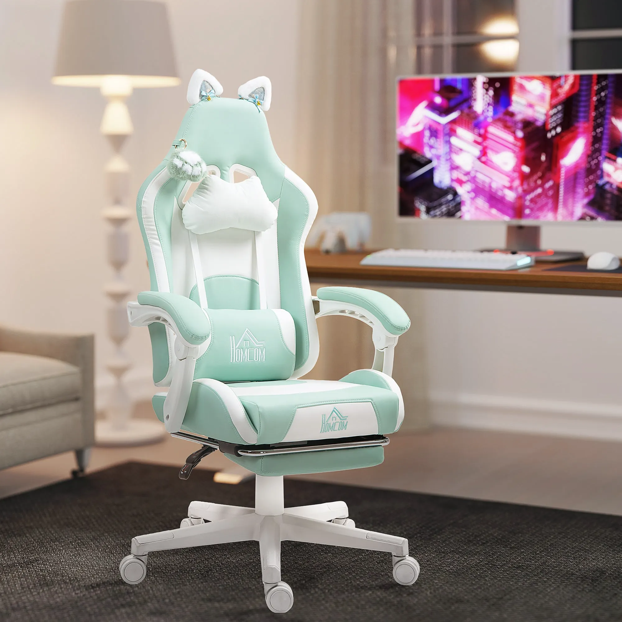 Reclining Gaming Chair with Footrest and Cushions, Faux Leather and Sponge, 65x62x116-124 cm, White and Blue - Image 2