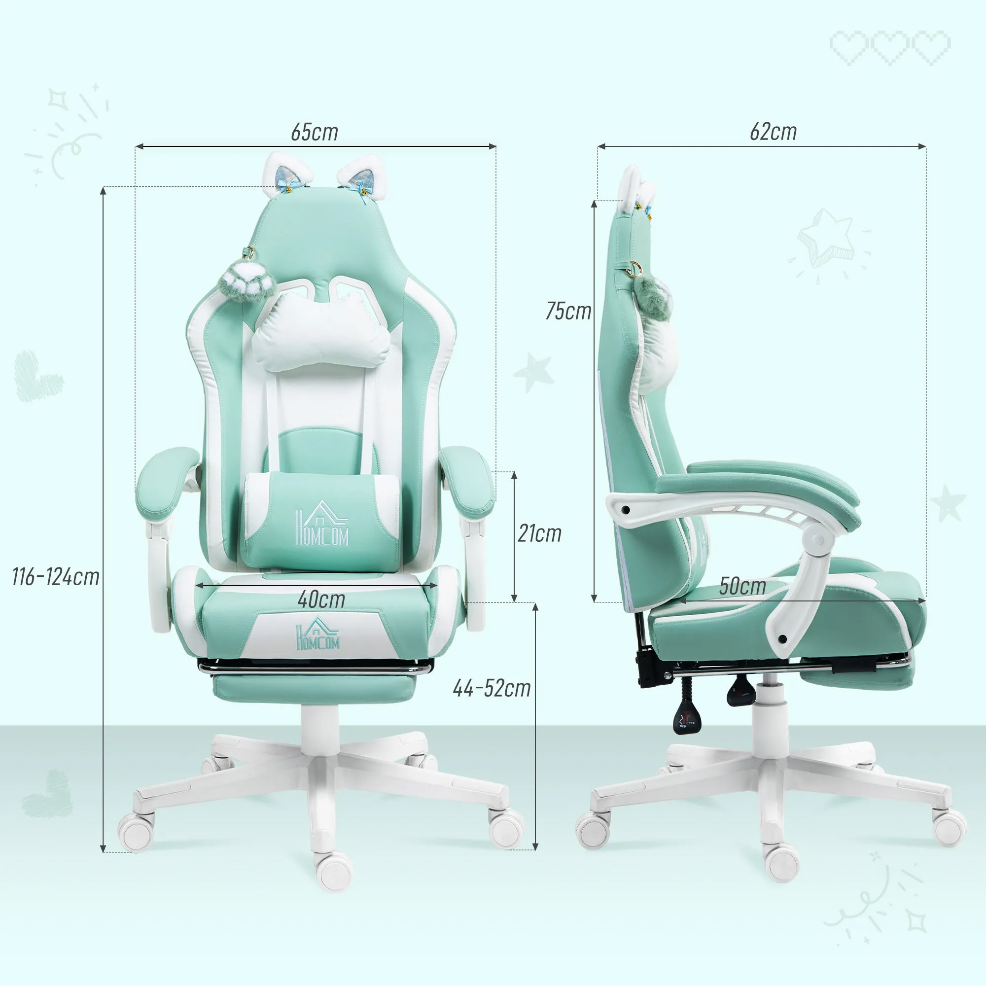Reclining Gaming Chair with Footrest and Cushions, Faux Leather and Sponge, 65x62x116-124 cm, White and Blue - Image 3
