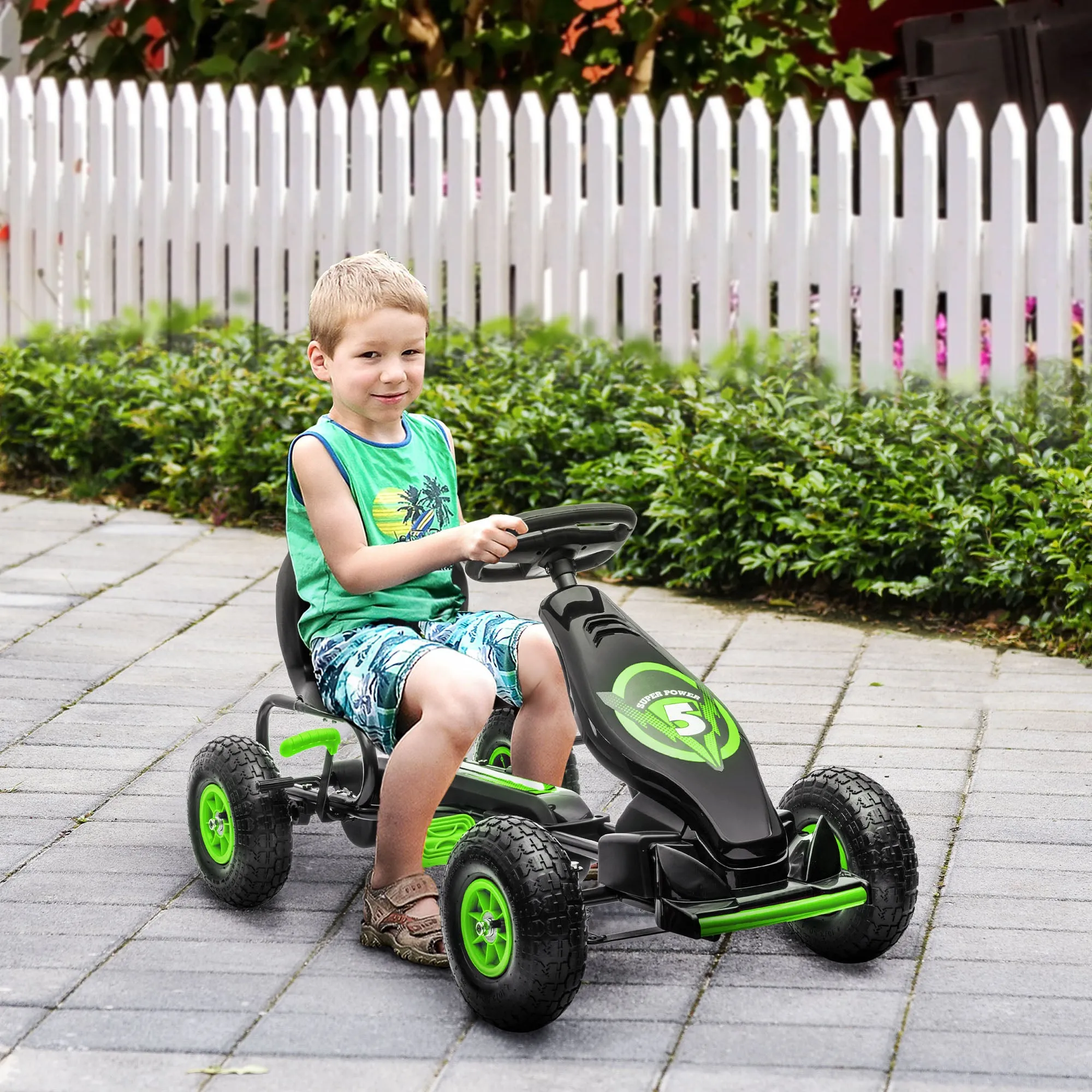 Pedal Go Kart for Kids Ages 5-12 with Adjustable Seat, Metal and PP 121x58x61 cm, Green and Black - Image 2