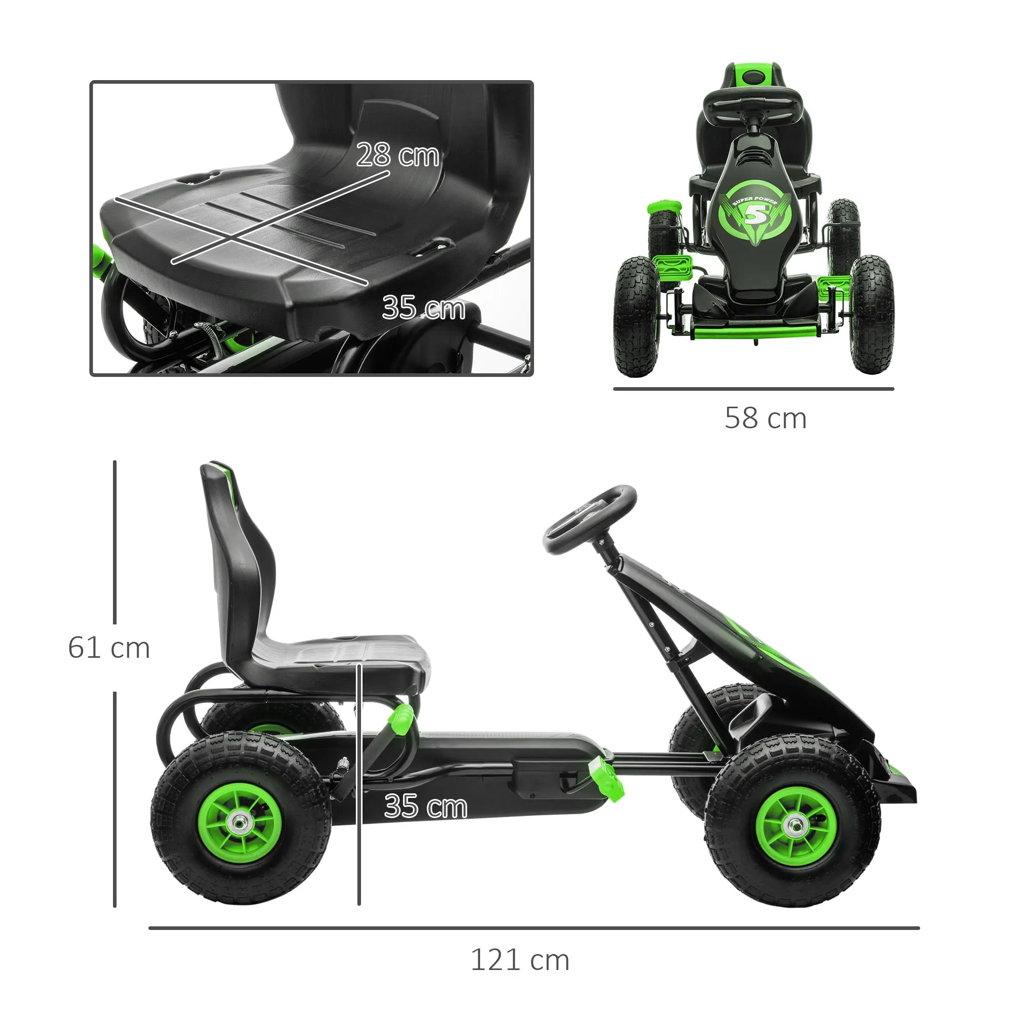 Pedal Go Kart for Kids Ages 5-12 with Adjustable Seat, Metal and PP 121x58x61 cm, Green and Black - Image 3