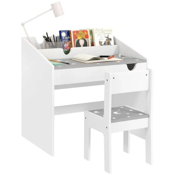 Children's Chair and Table Set for 3-6 Years Old with Organizer and Pull-Out Drawer, Grey Wood
