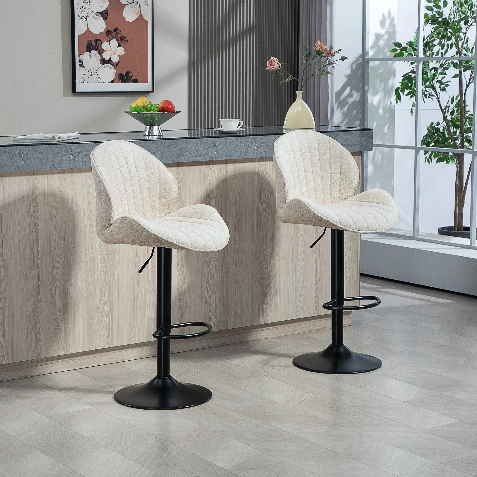 Set of 2 Shell Bar Stools with Footrest, Chenille Effect Fabric, 48x50x94-115 cm, Black and Beige - Image 2